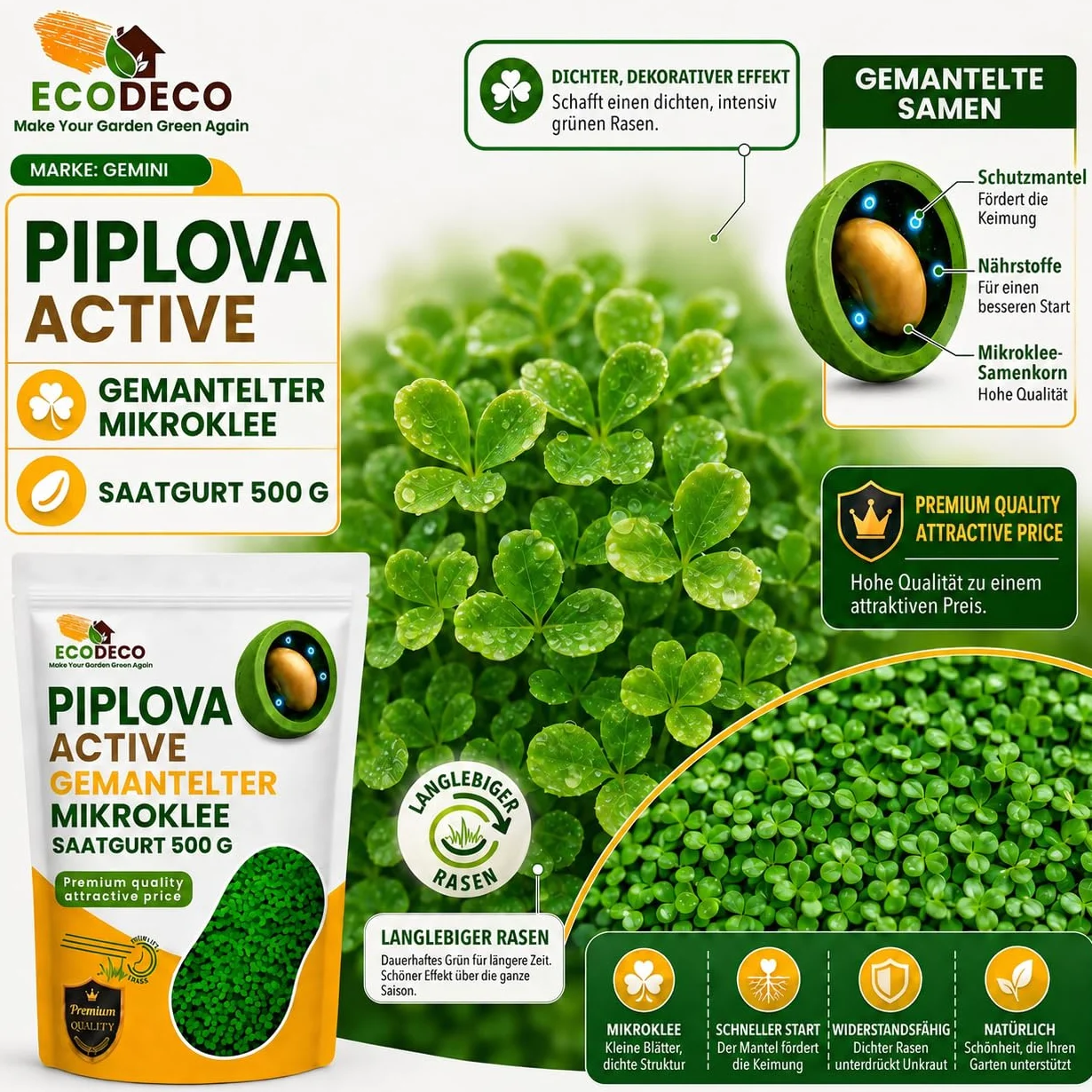 Semillas Césped Trébol Enano 500g (200m²) - Blanco Microtrébol Tapizante Resistente para Jardín
