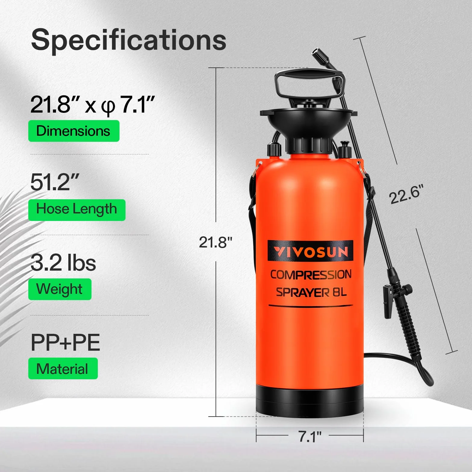 VIVOSUN Pulverizador Rociador de Presión de Bomba de 8L, con Correa para el Hombro y Boquilla Ajustable, para Riego de Plantas, Jardinería, Aplicación de Tratamientos y Limpieza Doméstica Naranja