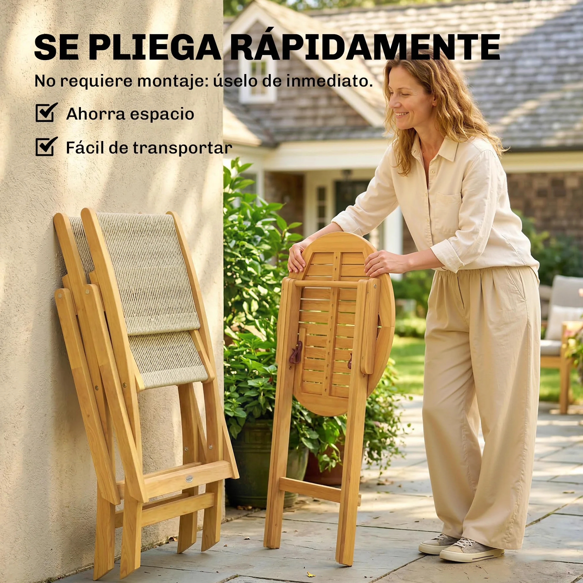 Outsunny Conjunto de Mesa y Sillas de Terraza Exterior de Madera 3 Piezas, 2 Sillas Plegables, Asiento Respaldo de Cuerda PP, Mesa Redonda para Patio