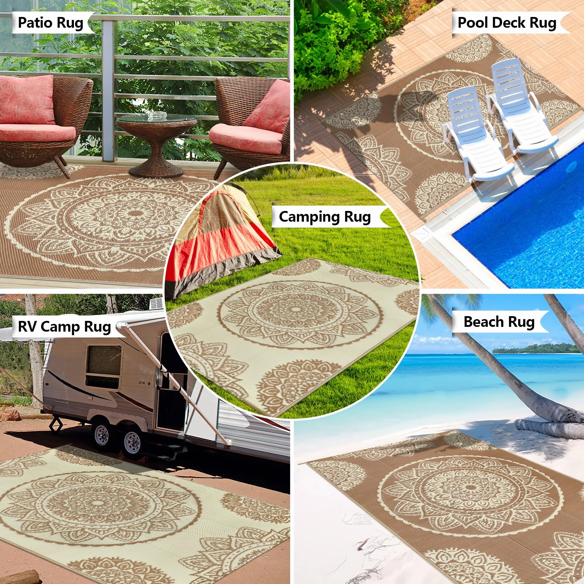 Famibay Alfombra Exterior Terraza 150x245cm Impermeable UV Reversible Beige Marrón