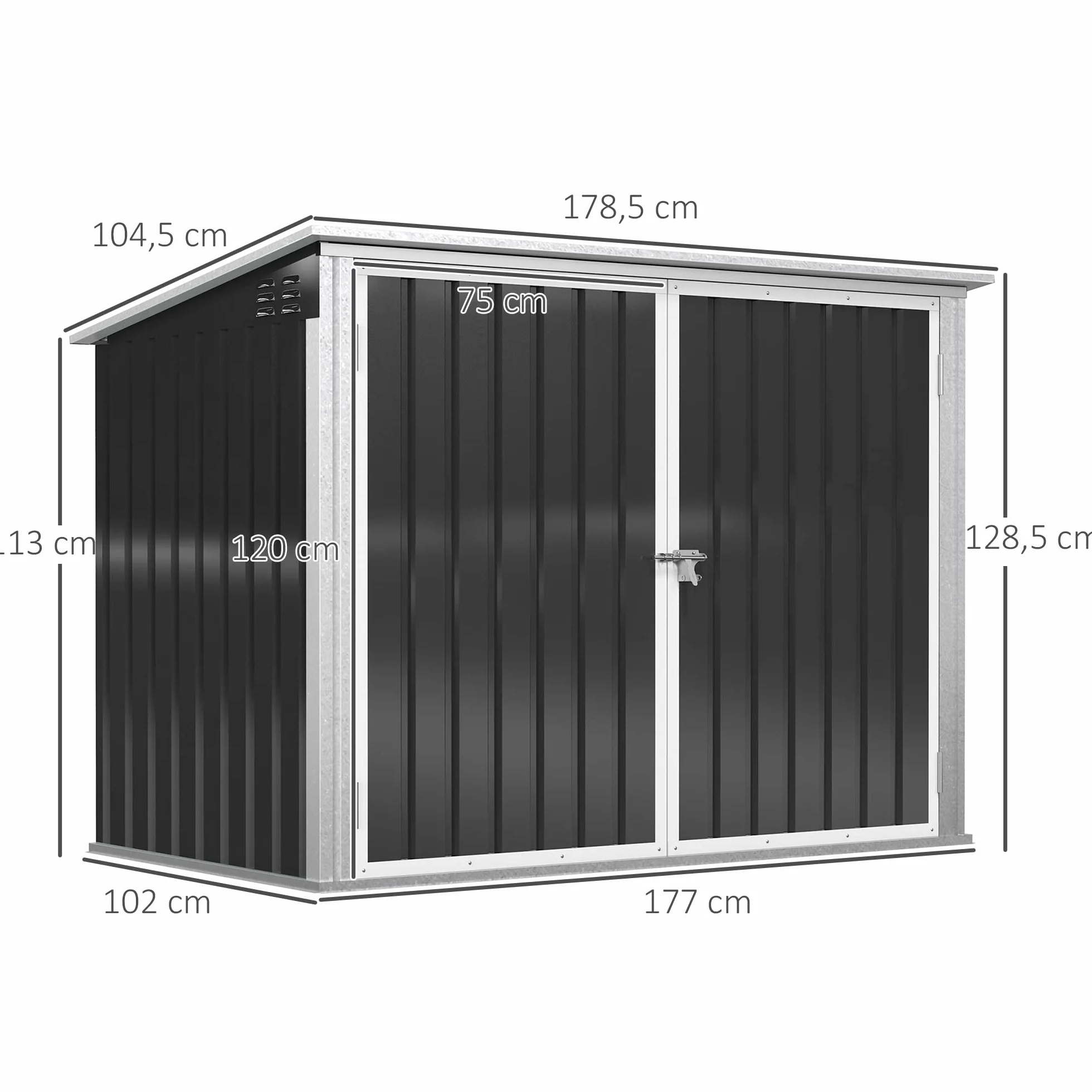Outsunny Caja de basura con cerradura para 2 cubos de acero 178,5 x 104,5 x 128,5/113 cm Negro