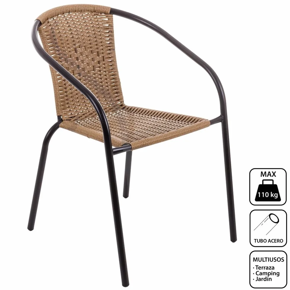 LOLAhome Conjunto Jardín Exterior Mesa y 2 Sillas Cristal Templado Ø60cm Ratan Natural Apilables