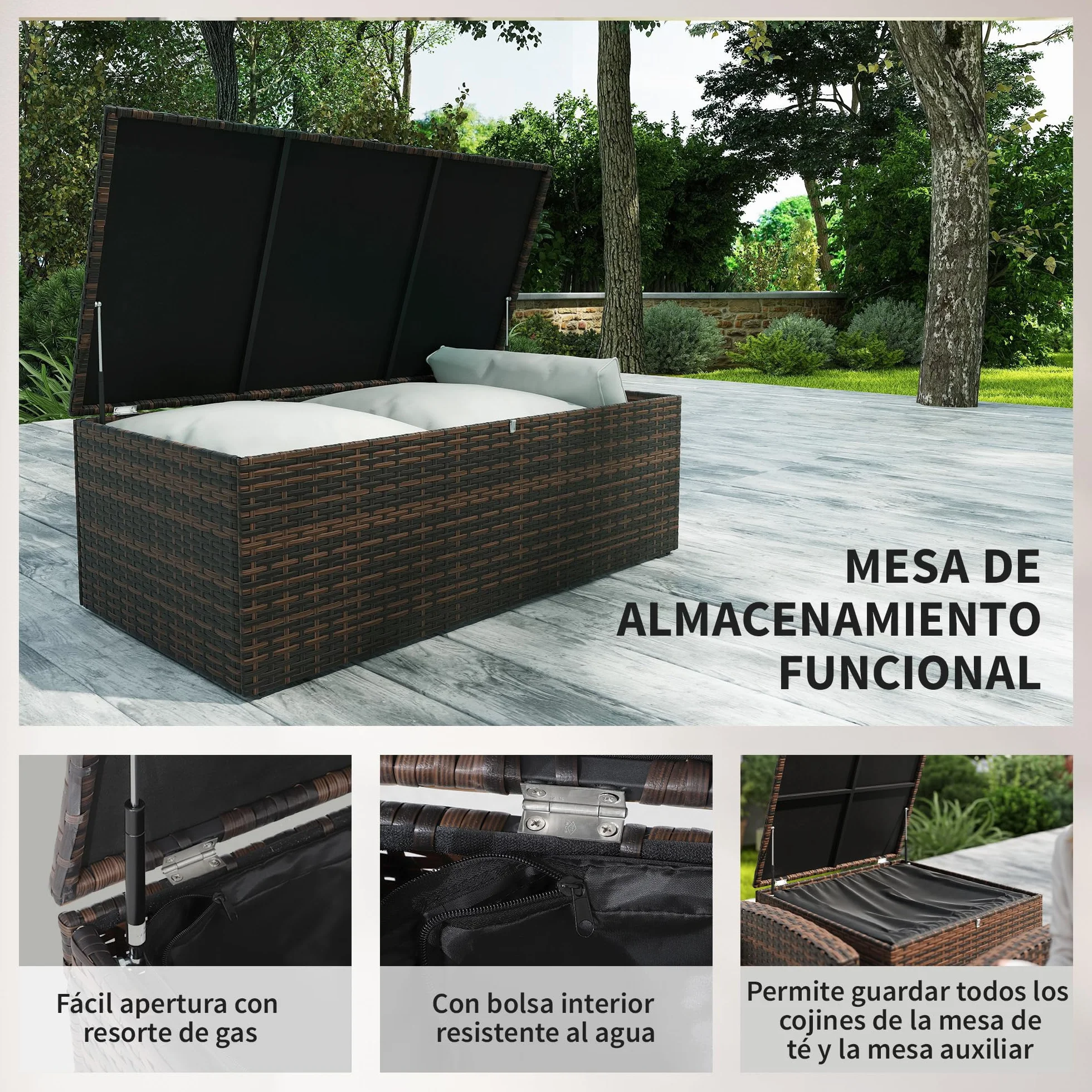 Outsunny Conjunto de Jardín Exterior de Ratán 6 Piezas con Cojines, Sofá Doble, 3 Plazas, 2 Sillones, 2 Mesas, Beige
