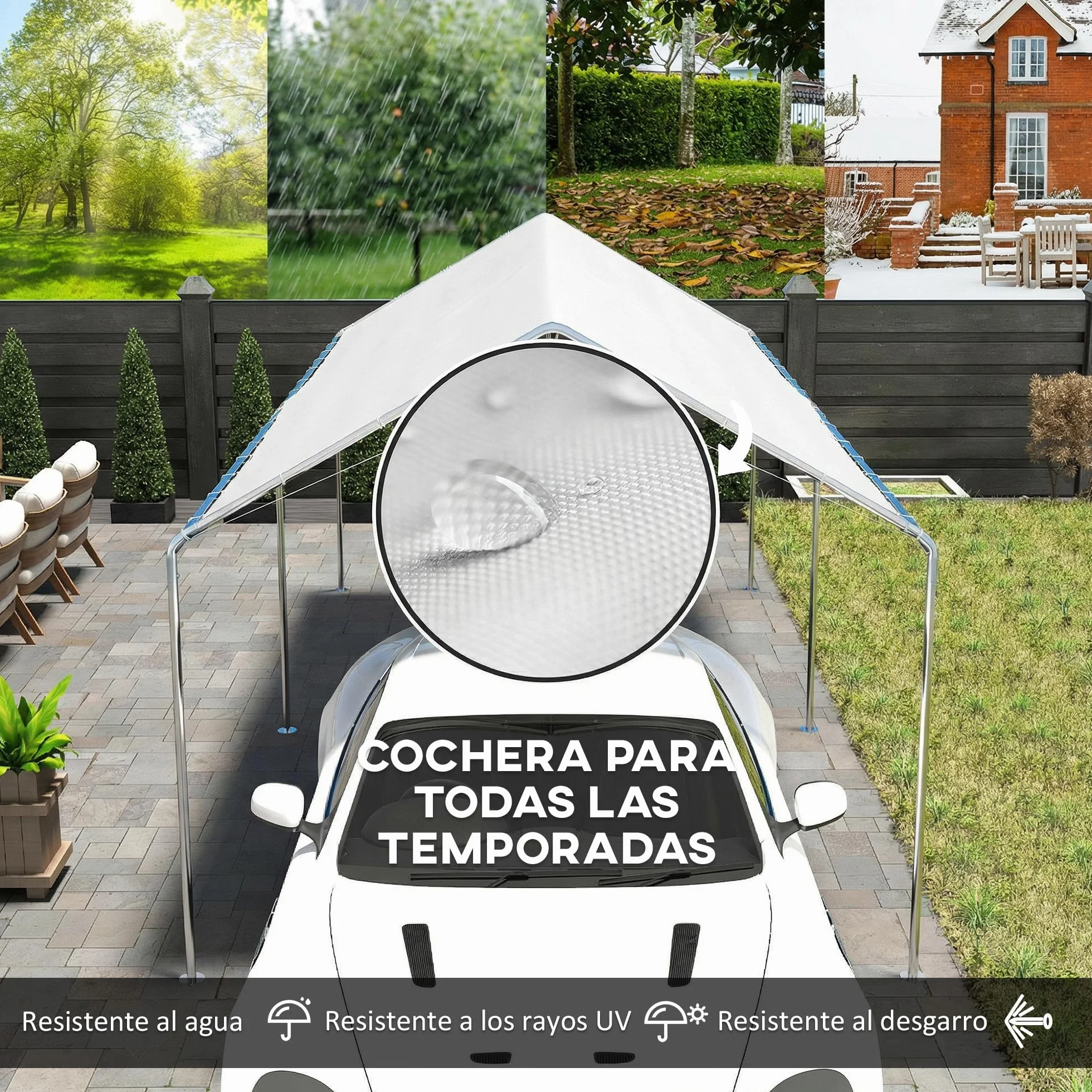 Outsunny Carpa Garaje 3x6 m Impermeable Acero Galvanizado Toldo PE Blanco