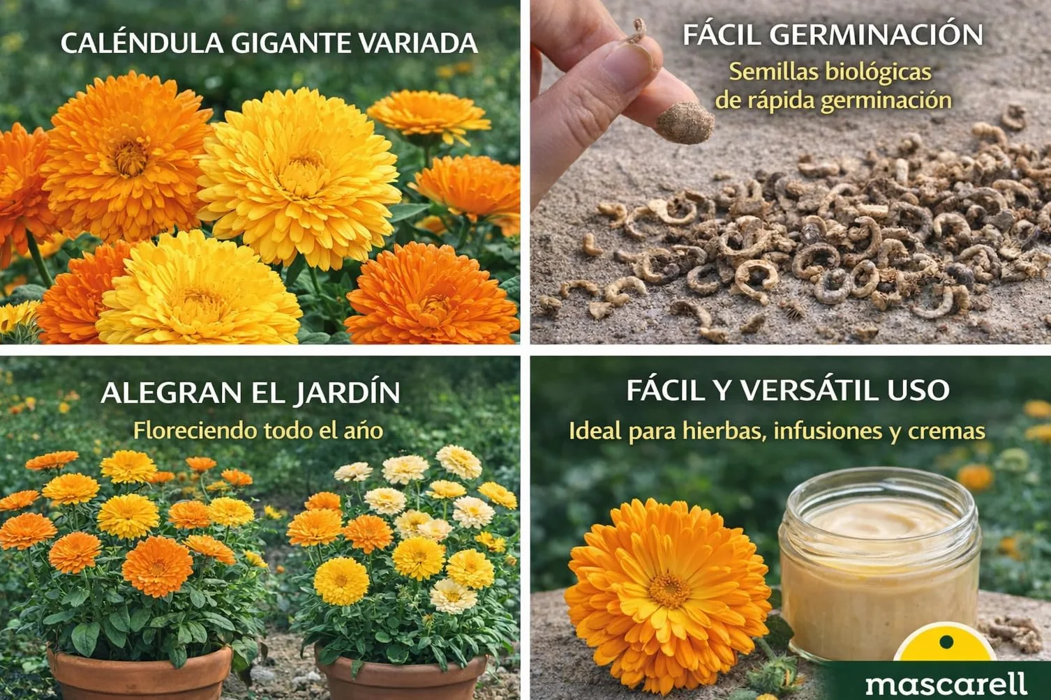 Mascarell Semillas Calendula Gigante Variada Semillas Caléndula Gigante Colores Variados Amarillos y Naranjas Altura 20-50 Cm 3 Gramos