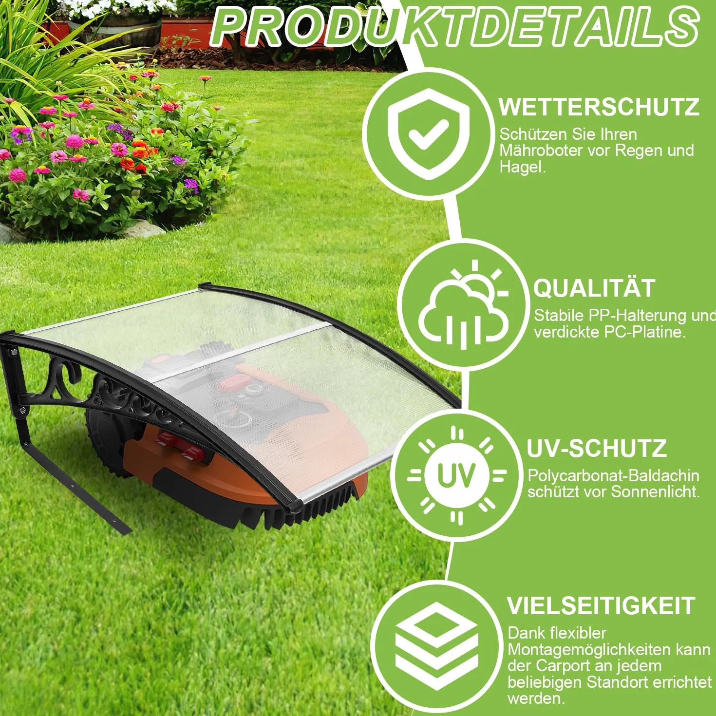 Robot cortacésped Garaje Techo Carport 106 x 87 x 50 cm Automower protección lluvia granizo UV