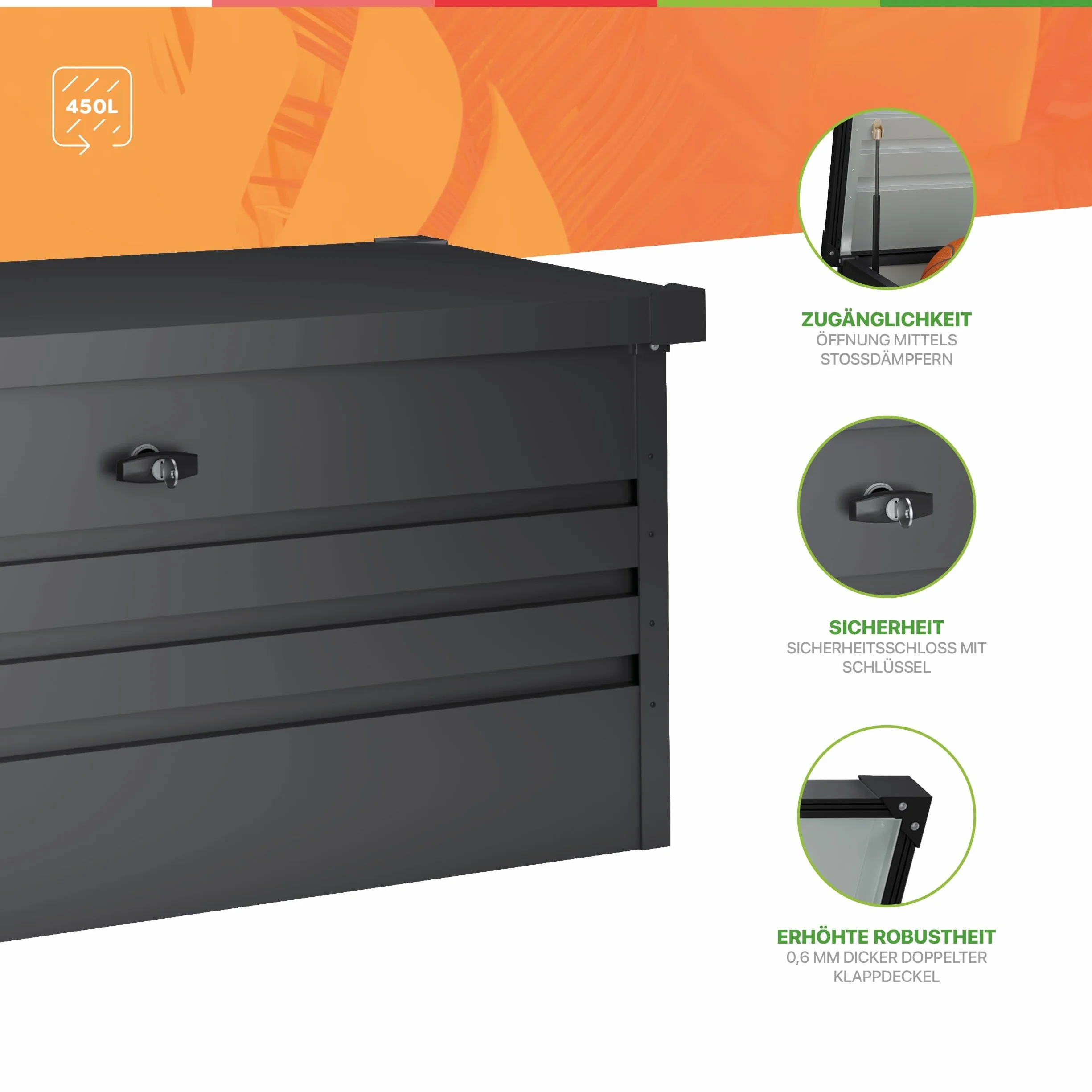 Baúl Almacenaje Exterior 450 L 120x61x62cm Gris Antracita Metálico