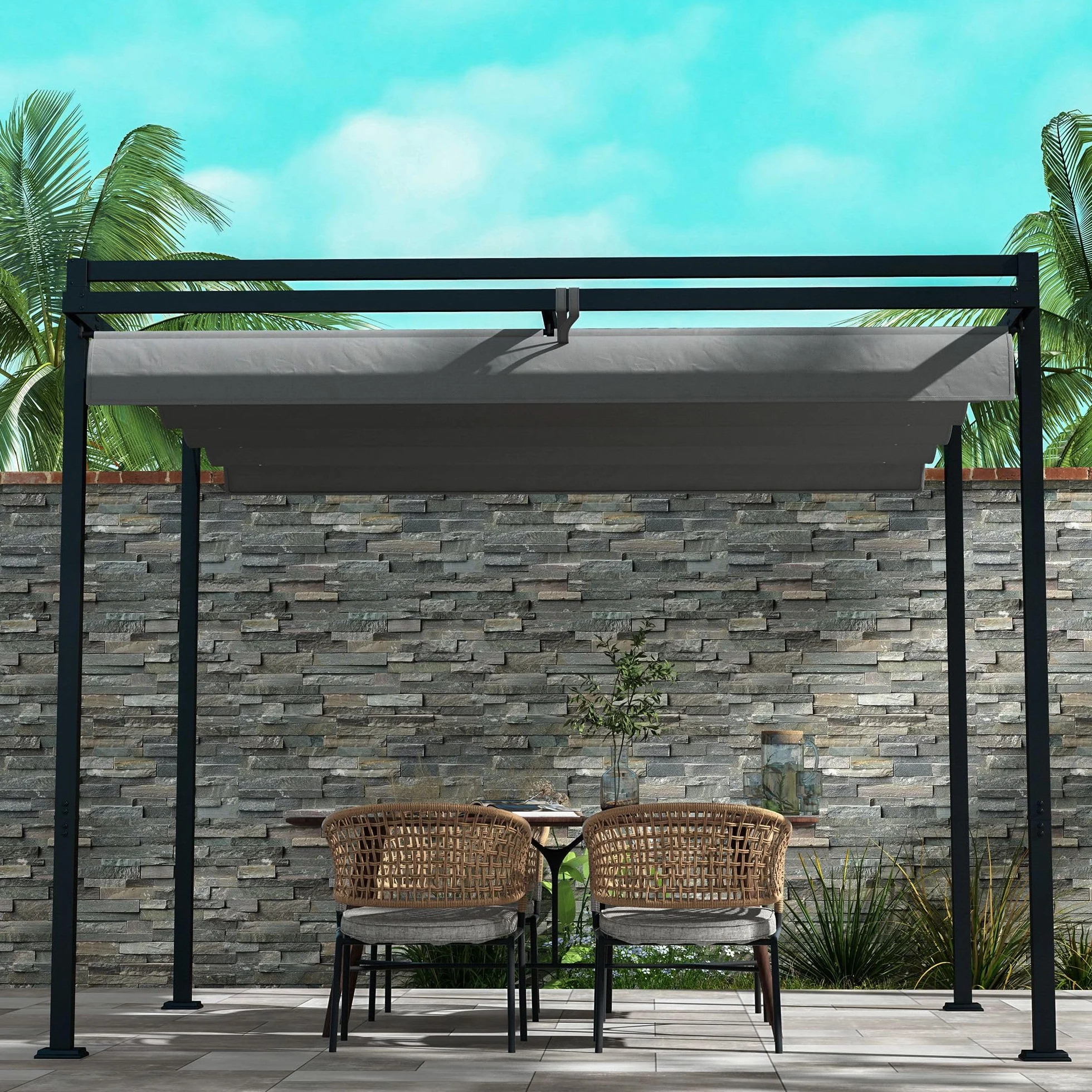 Outsunny Pérgola 3x4 m Gazebo Cenador de Jardín con Techo Retráctil de Poliéster y 12 Orificios de Drenaje Pérgola para Patio Terraza Exterior Gris Oscuro