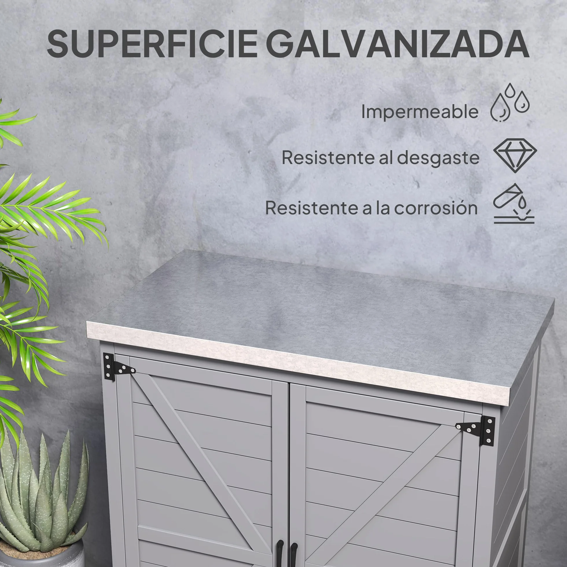 Outsunny Armario Exterior Madera Caseta Jardín Techo Acero Galvanizado 2 Puertas Almacenamiento Herramientas 79x43x92 cm Gris