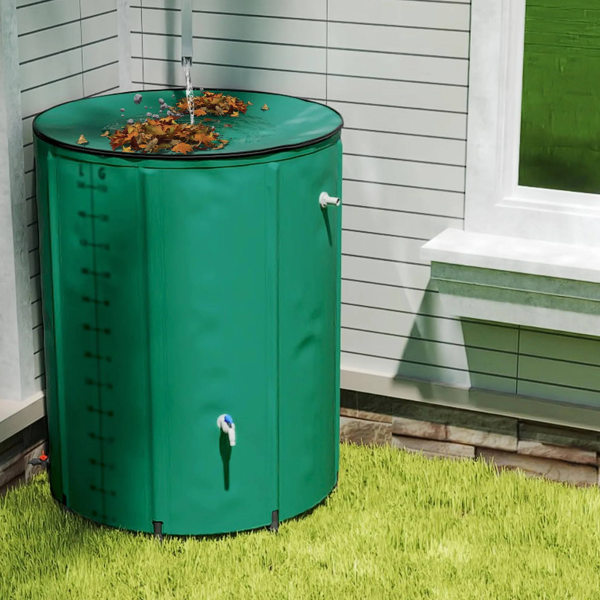 Depósito de agua de lluvia plegable 750 litros con tapa y escala, lona mate, para riego de jardín