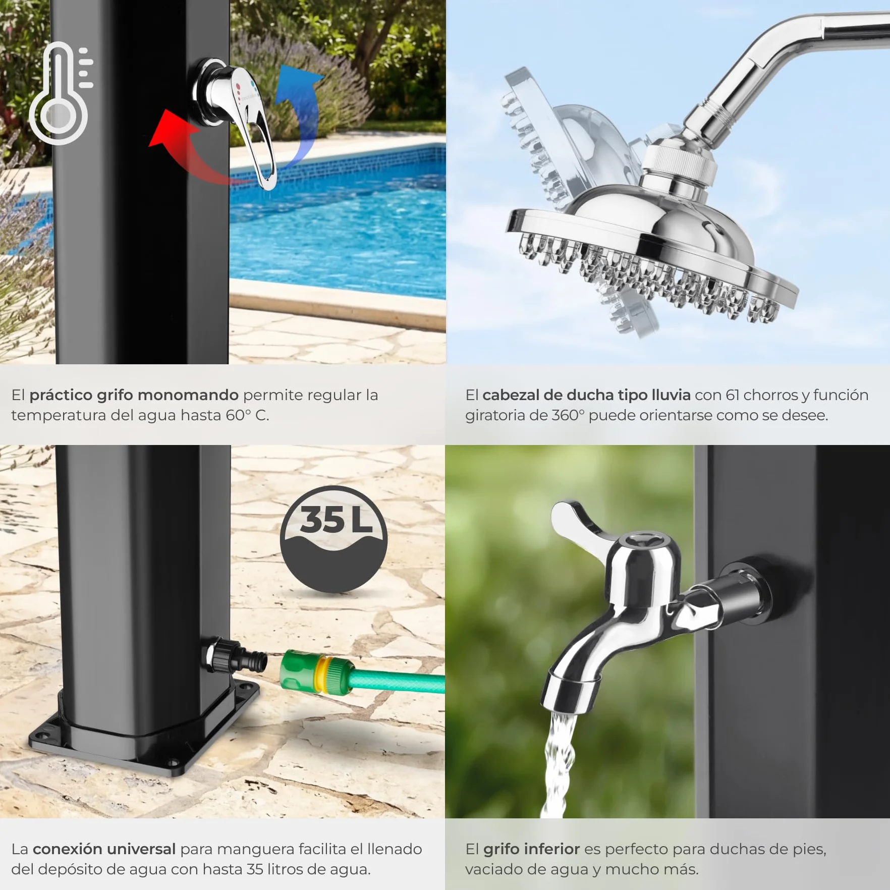Tectake Ducha Exterior Solar 35 L Negro Resistente Intemperie Alcachofa 360°