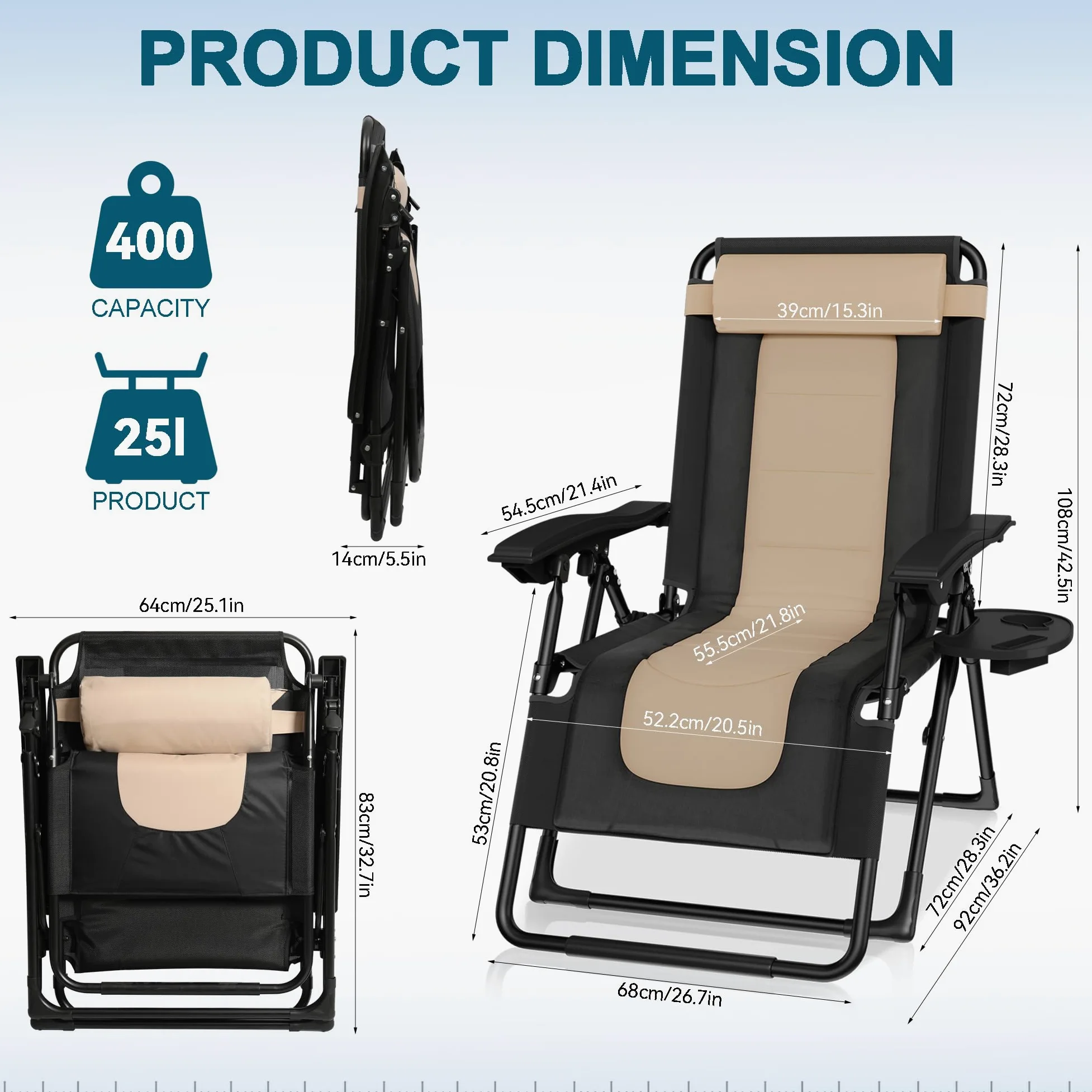 Silla Reclinable Plegable, Ajustable Silla de Gravedad Cero, Tumbonas Jardin Exteriorcon Reposacabezas y Almohadilla, para Jardín, Acero, Piscina, Terraza, Cómoda y Resistente, Carga de 150 kg