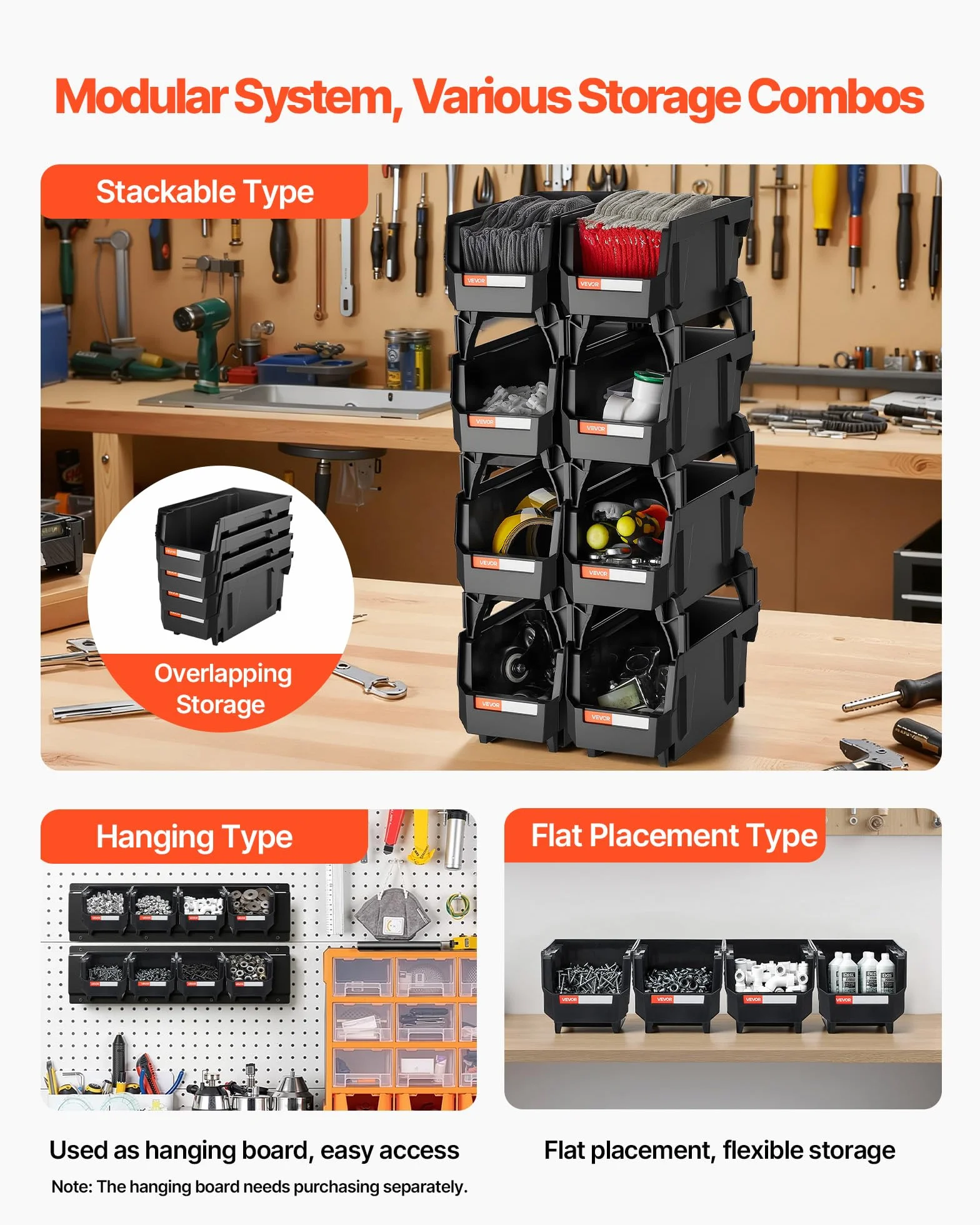 VEVOR Cajas Apilables de Almacenamiento, 276 x 140 x 130 mm, Plástico PP, Transparentes, 8 uds, Negro