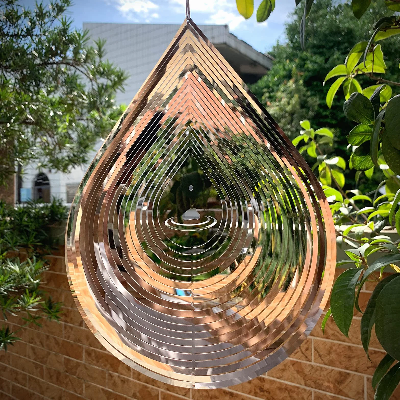 3D Stainless Steel Wind Spinner 12inch Water Droplets Sculptures for Indoor Outdoor Garden Decoration