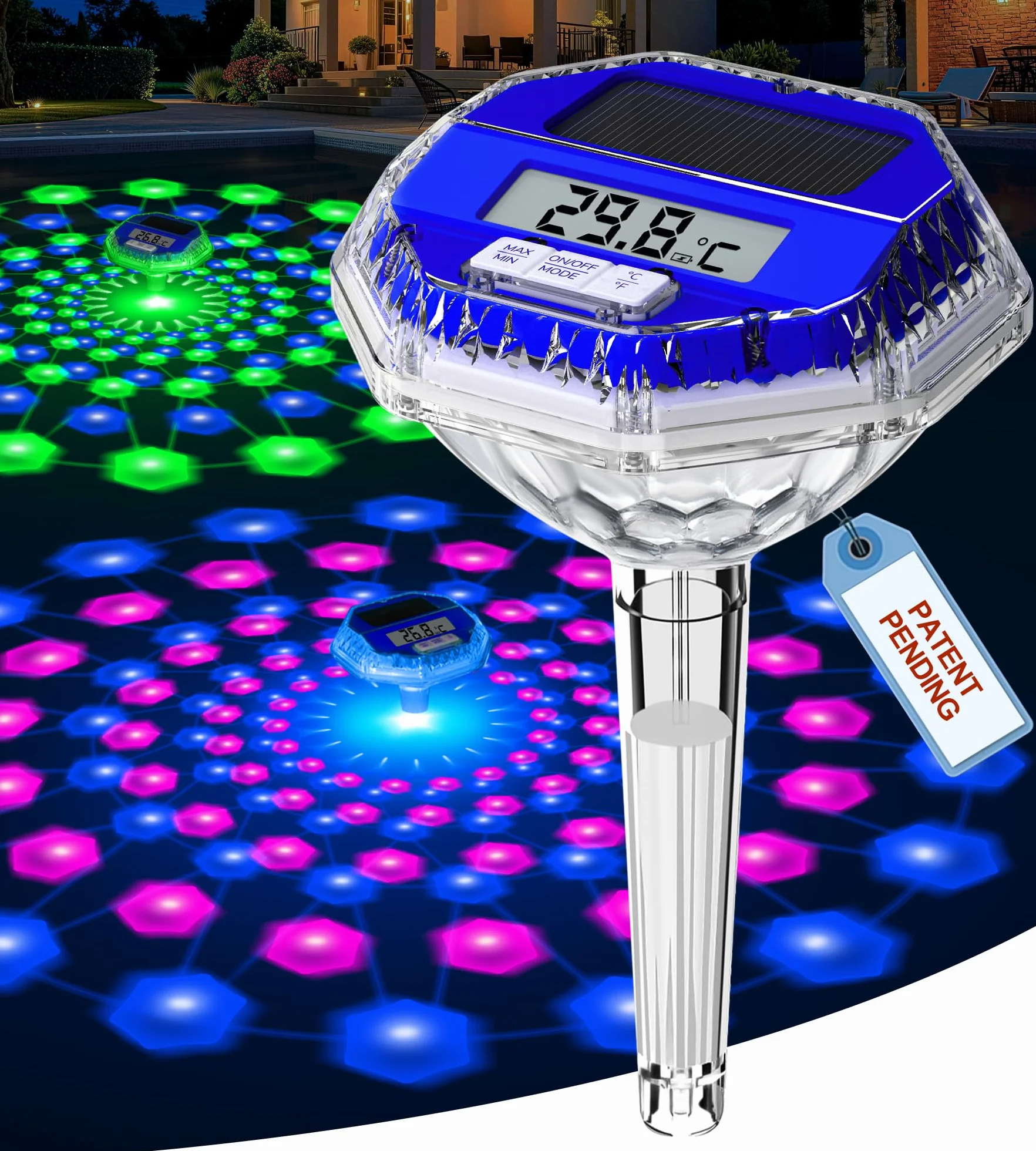 LuxBlue Termómetro Piscina Flotante IP68, Pantalla LCD, Luz Subacuática