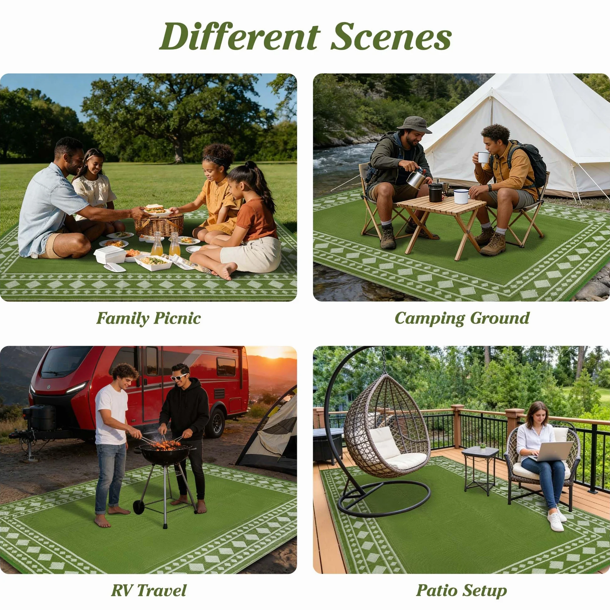 Alfombra de exterior resistente a la intemperie 180 x 270 cm reversible permeable al agua plástico camping terraza jardín verde
