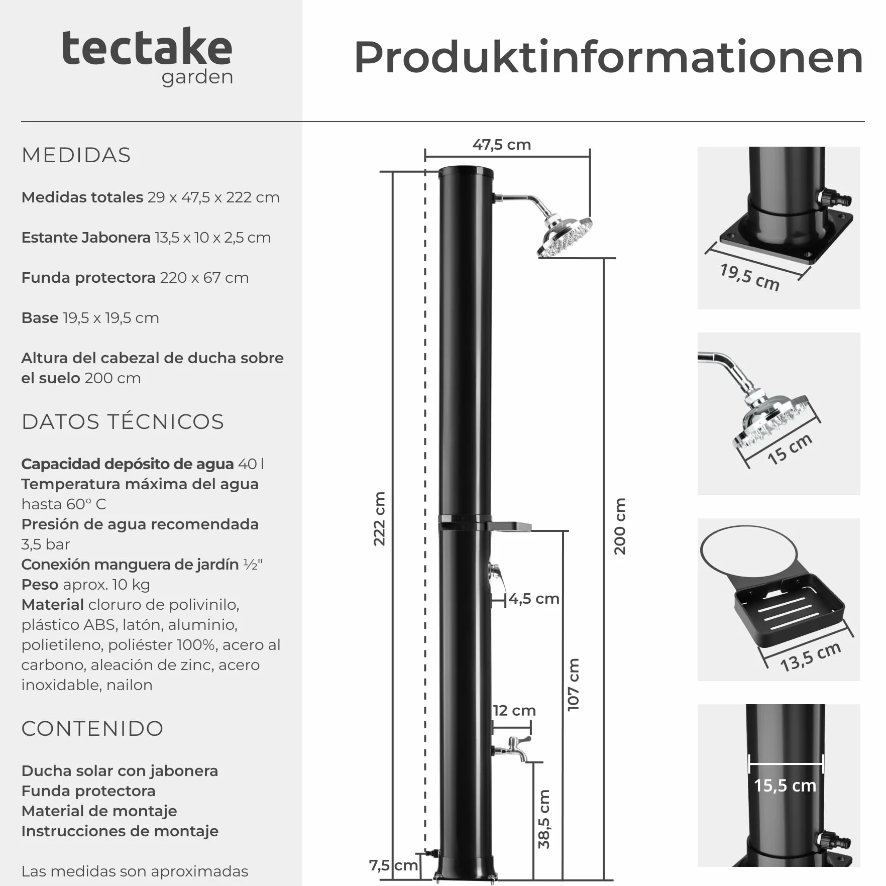 Tectake Ducha Solar Exterior 40 L Negro Resistente Intemperie Alcachofa 360°