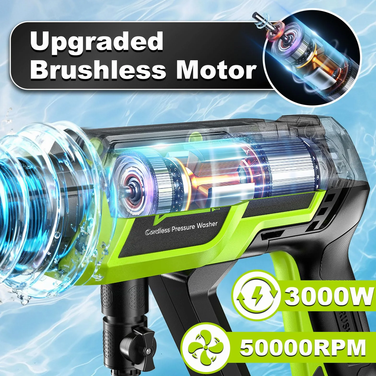 Hidrolimpiadora de Alta Presión Motor Sin Escobillas 3000W 135Bar 20L/Min con 2 Baterías 4.0Ah