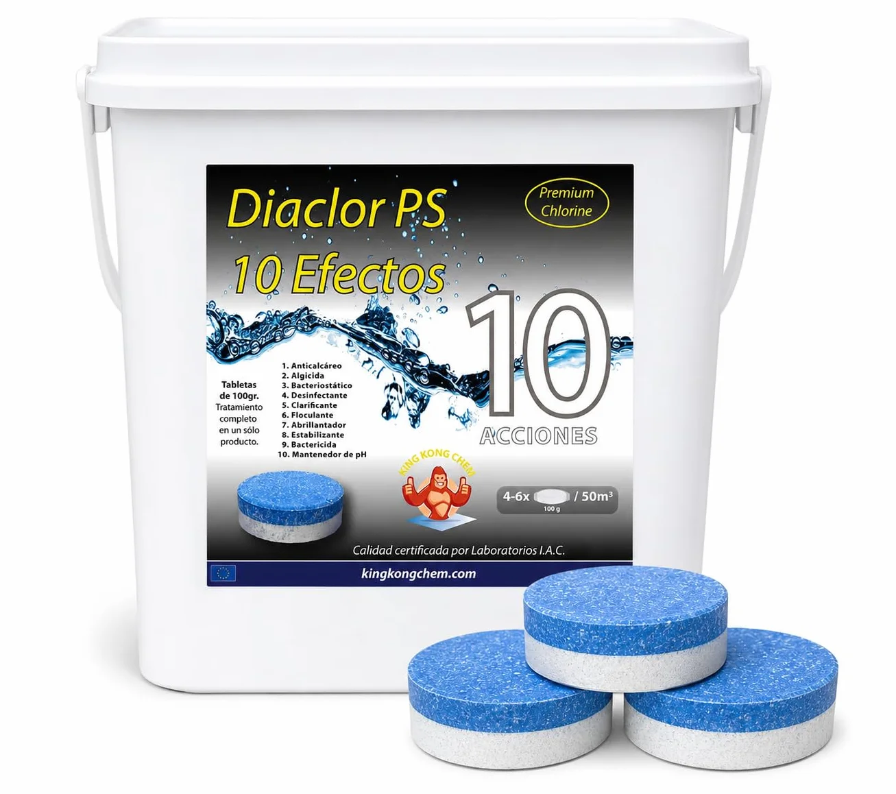 Cloro Total para Piscinas DIACLOR PS 5 KG - 50 Pastillas de Cloro Multiacción 100 gr