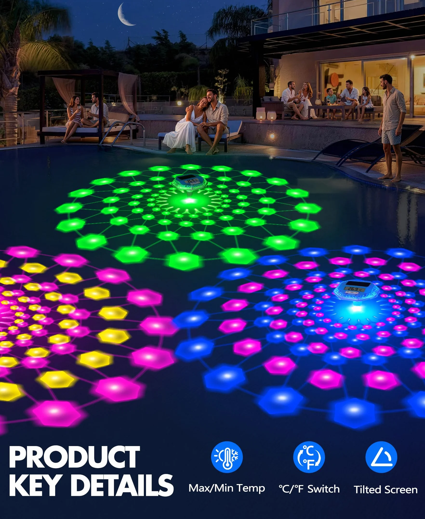 LanBlu Termómetro Piscina Flotante Solar con Luces, Pantalla LCD para Agua Piscina SPA Estanque