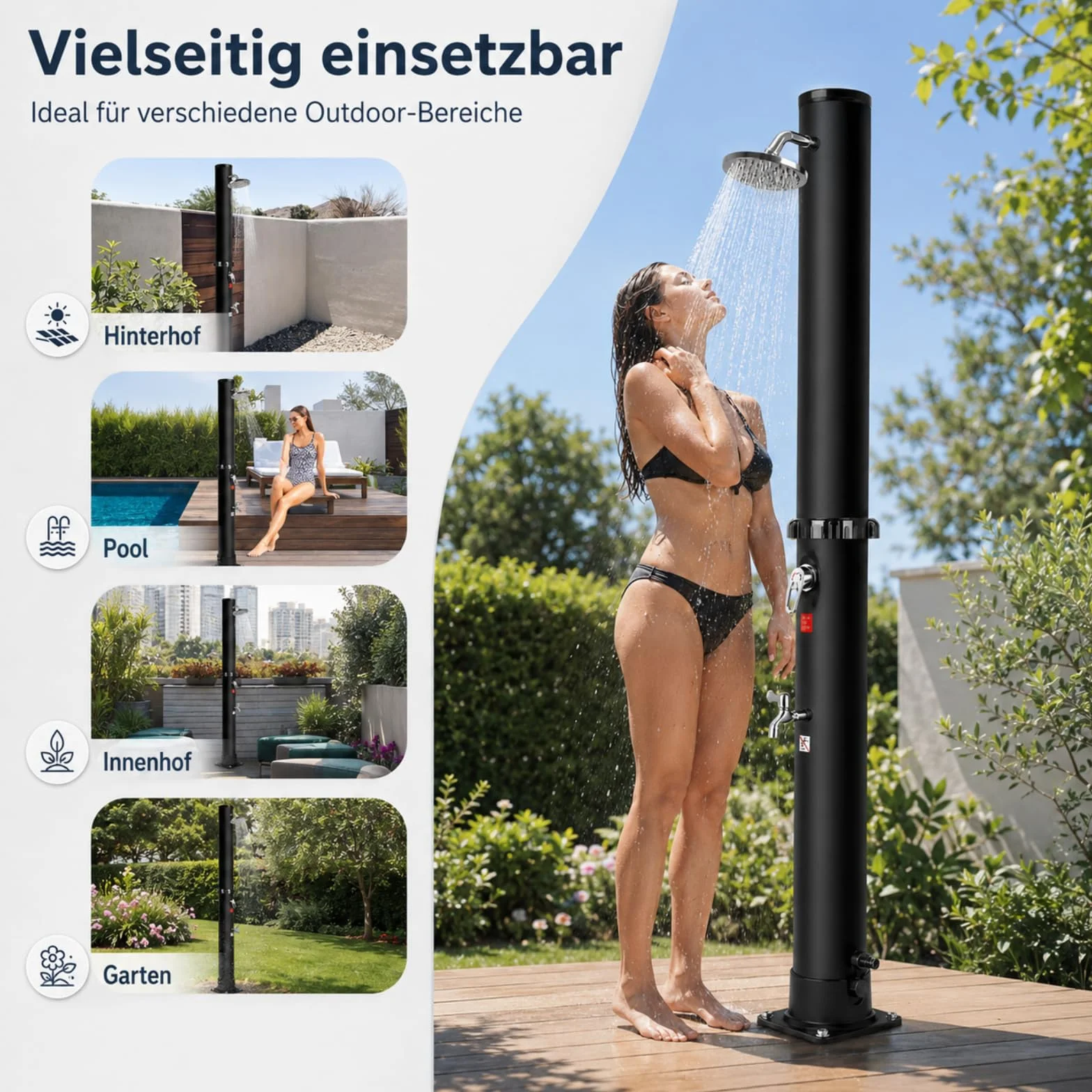 Ducha Solar Exterior 35 litros, Ducha Piscina Jardín 360° Cabezal Grifo, Regulación Temperatura Presión