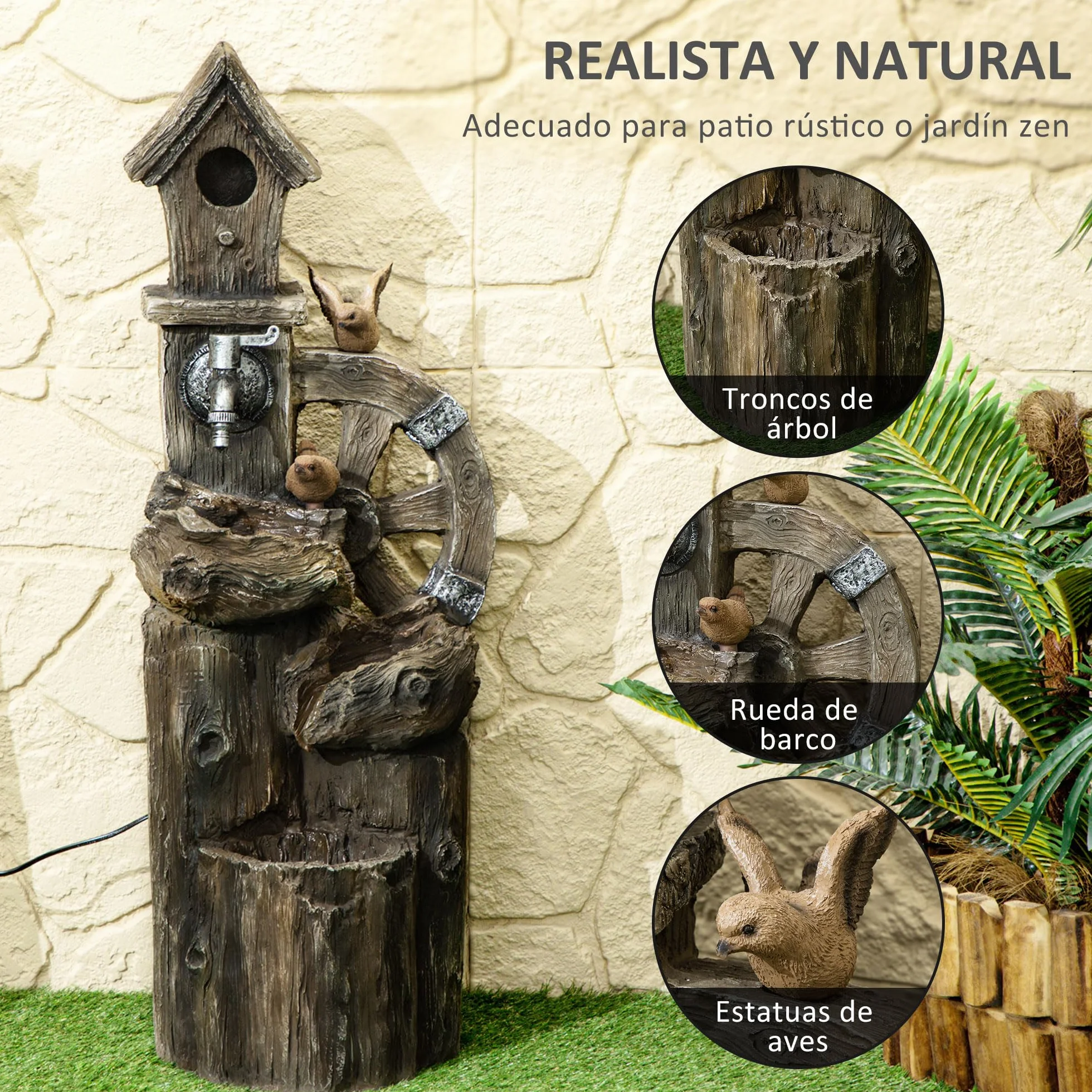 Outsunny Fuente de Agua 2 en 1 con Casita para Pájaros Fuente de Jardín con Iluminación LED Fuente Decorativa en Cascada de 4 Niveles para Jardín Patio Terraza 34,5x29,5x92 cm Multicolor