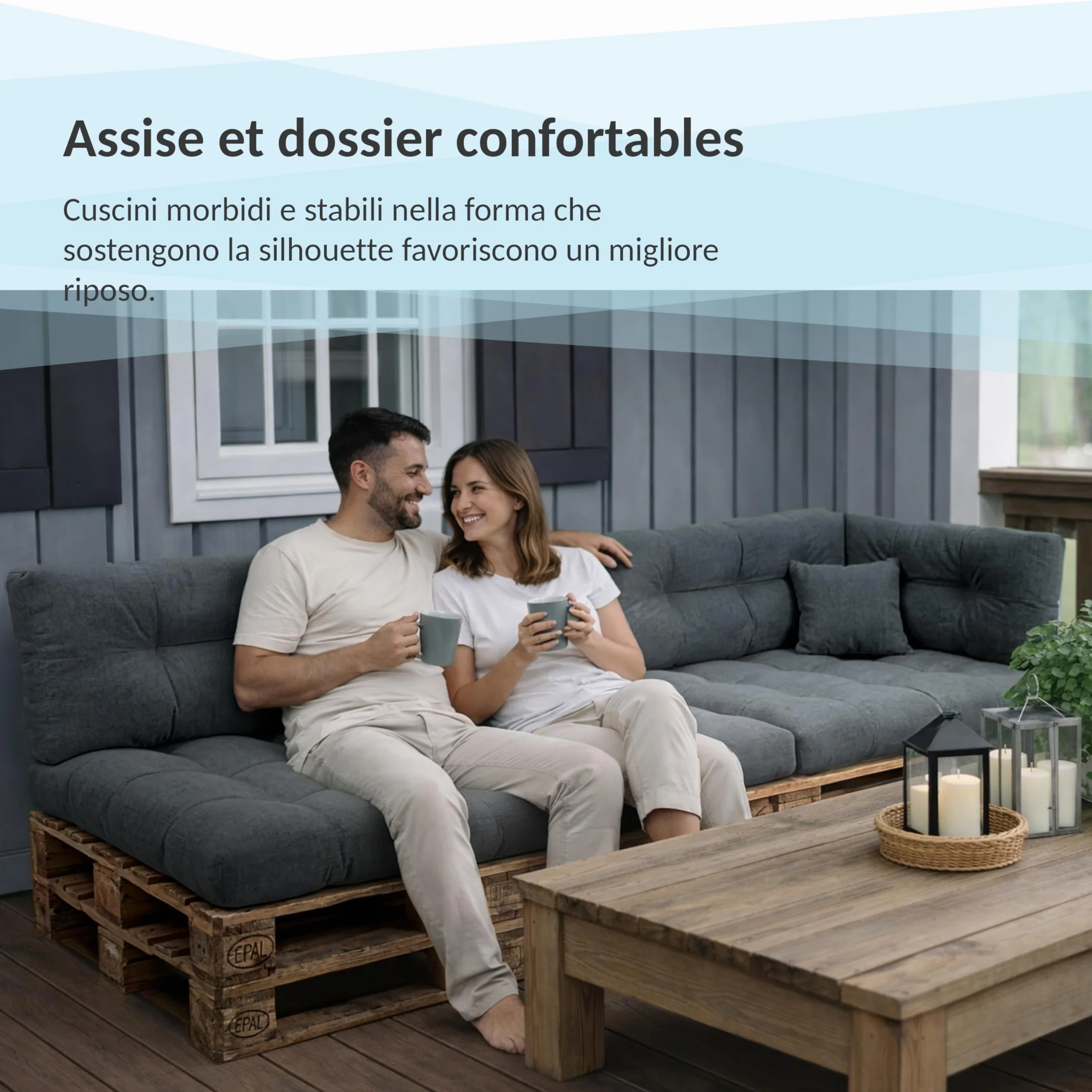 POKAR Set de 2 Cojines para Palets Impermeable 120x80 + 120x40 Gris Oeko-Tex
