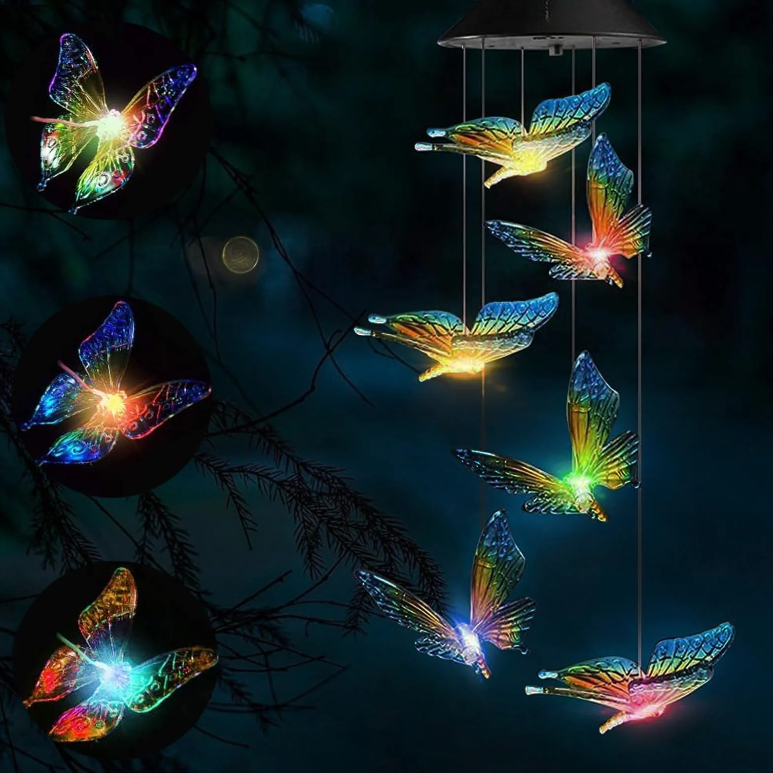 Campanilla de Viento Mariposa Solar LED Cambia Color Impermeable Decoración Jardín Patío Regalo