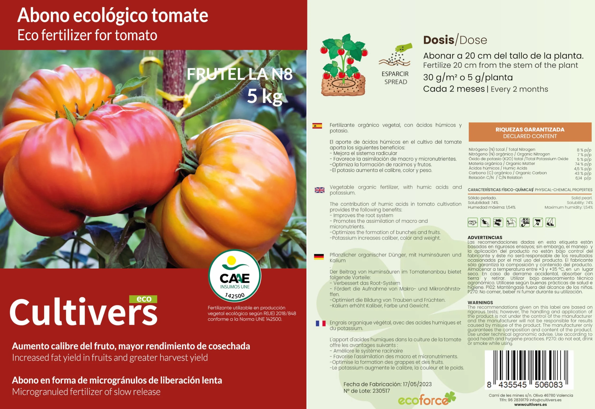 CULTIVERS Abono Tomates Ecológico 5 kg Fertilizante Orgánico Natural Microgranulado