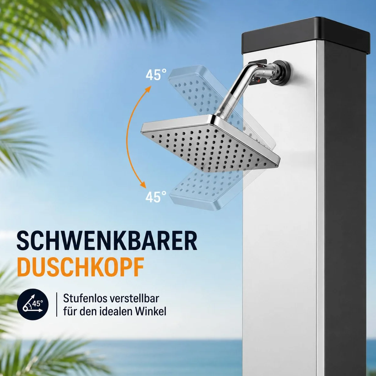 Ducha Solar de Jardín Exterior 40 Litros Hasta 60°C Grifo Conexión Manguera Cabezal Regulable Ocean Negro/Plata