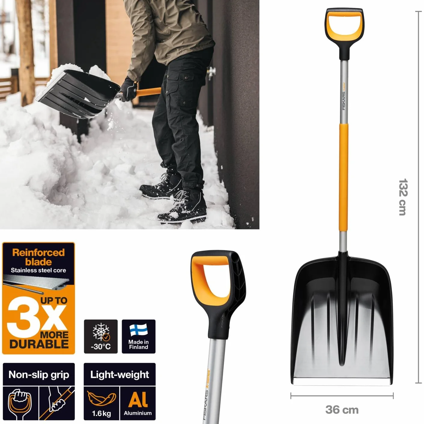 Fiskars Pala de nieve X-series 132 cm Aluminio/polímero Negro naranja gris