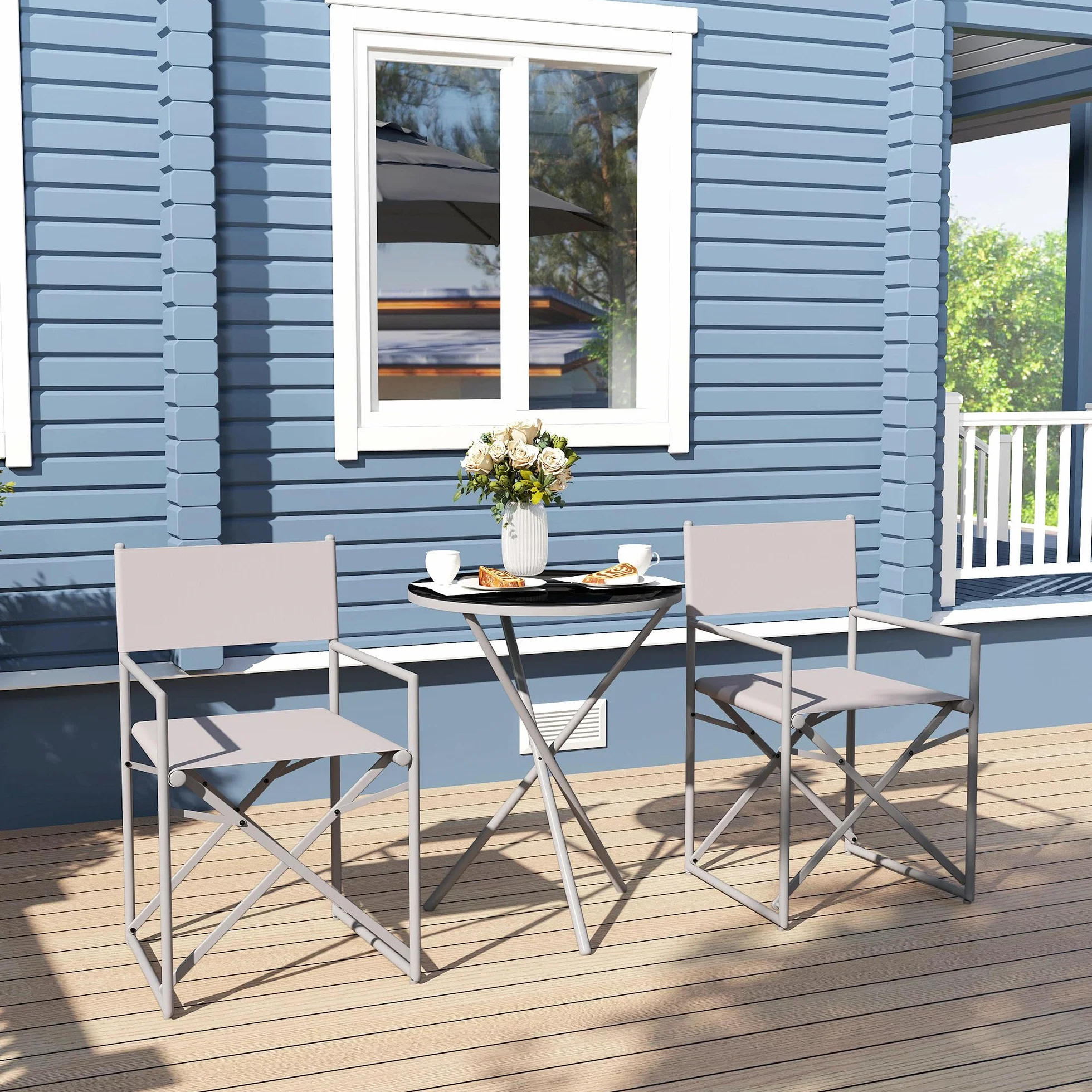 Outsunny Conjunto de Muebles de Jardín de 3 Piezas con Sillas Plegables y Mesa de Vidrio Templado Gris Oscuro