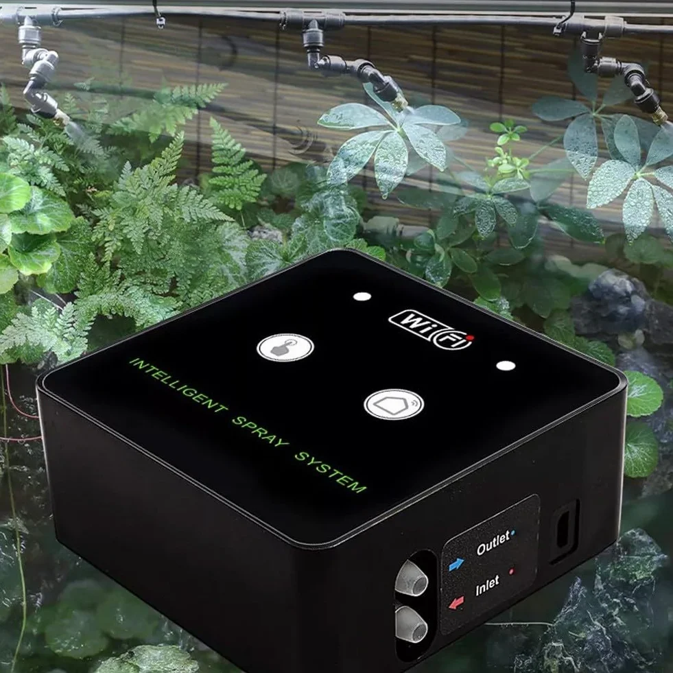 Unidad de pulverización giratoria para terrario con rango de ajuste de 360 grados y activación de niebla temporizada para niveles de humedad estables (4 boquillas)