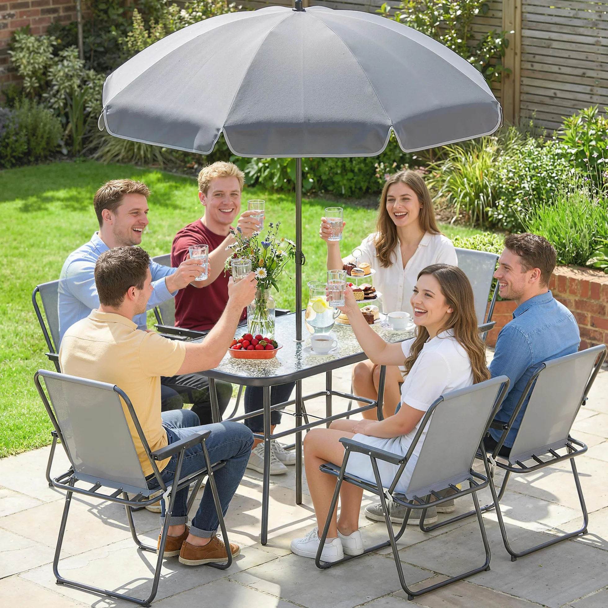 Outsunny Conjunto de Mesa y Sillas Jardín 8 Piezas, Muebles Exterior con Sombrilla, Sillas Plegables, Mesa Vidrio Templado, Gris