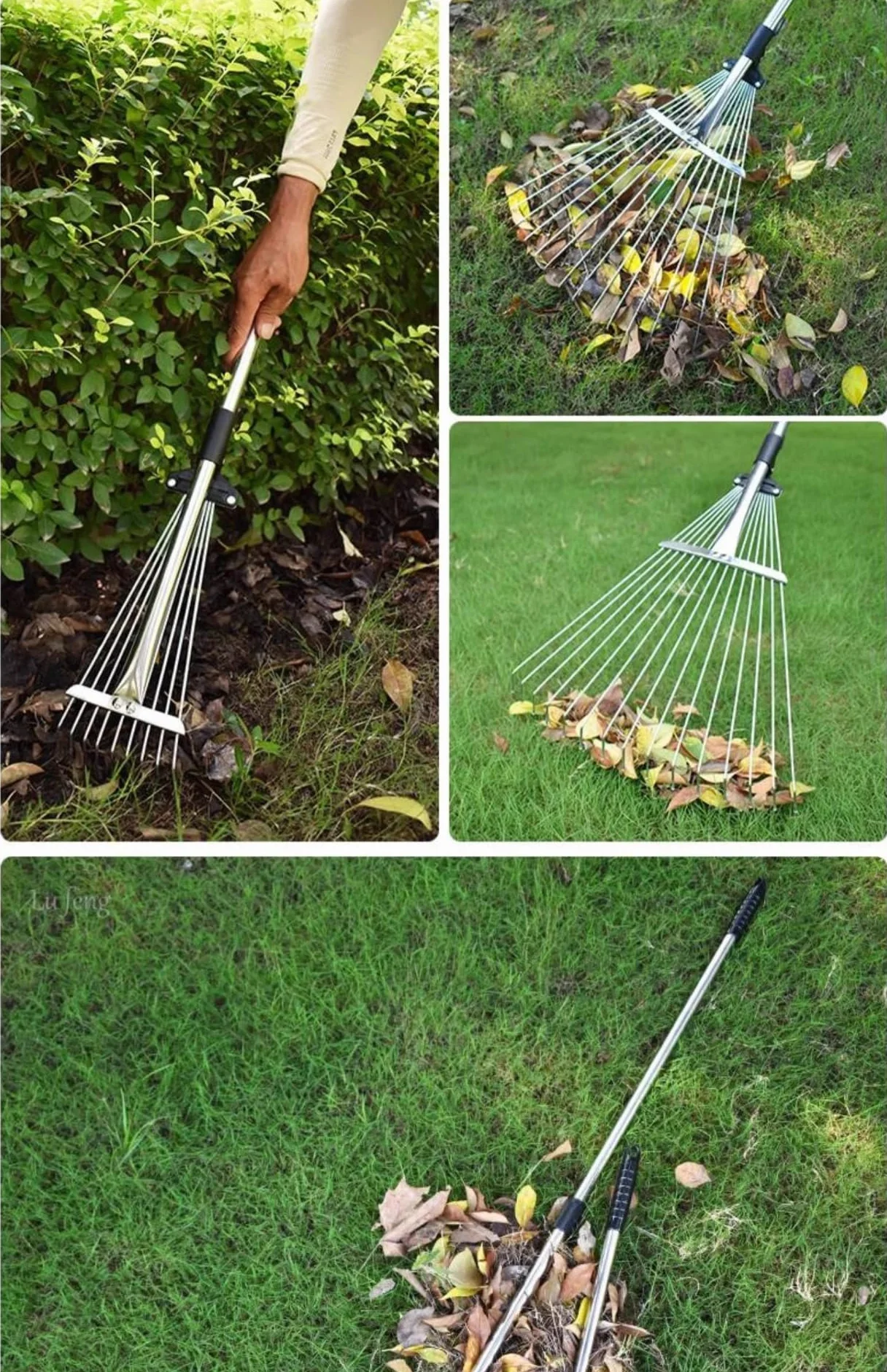 Rastrillo de jardín ajustable de metal para hojas, mango largo 85-175 cm, cabeza expandible 17-37 cm