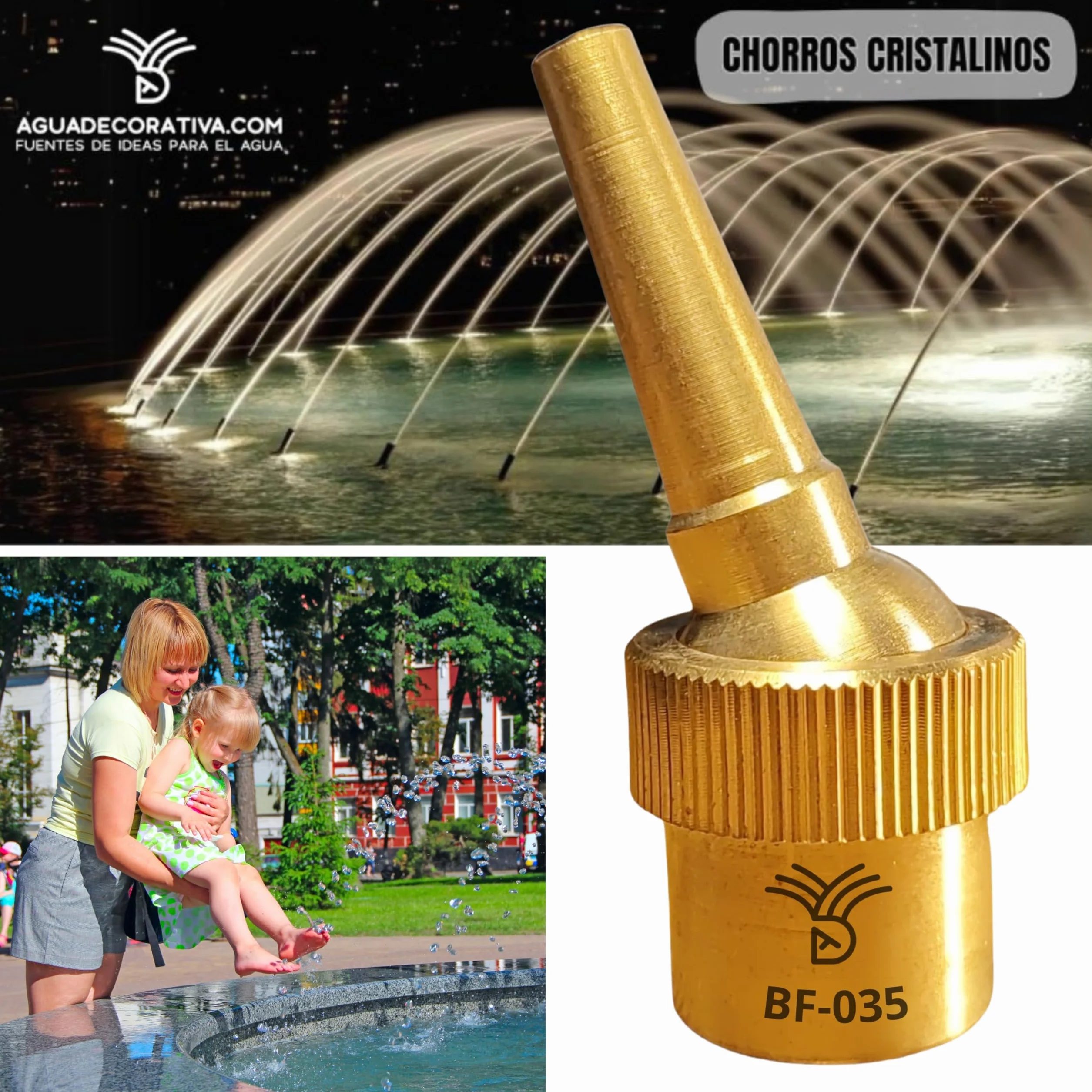 Boquillas para Fuentes de Jardín - Chorro cristalino de Lanza con rótula de 5 mm Rosca 1/2" BSSPT (Latón)