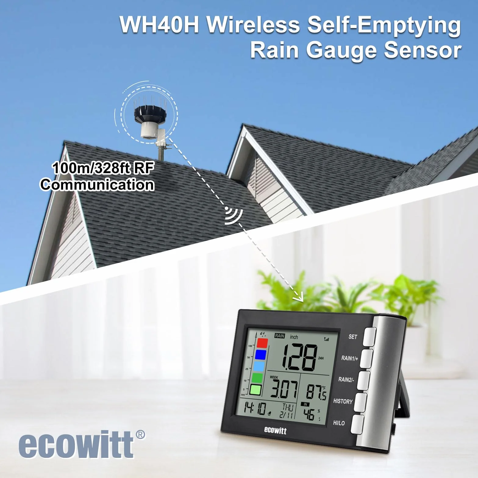 ECOWITT WH5360H Pluviómetro digital 3 en 1 de alta precisión para el hogar con termómetro interior y higrómetro de lluvia