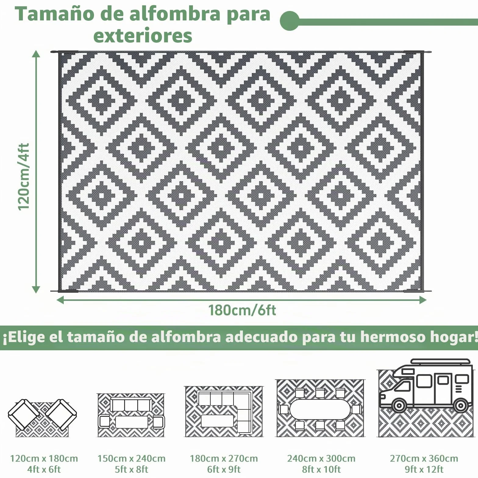 Alfombra de Exterior Impermeable Grande Reversible para Patio Jardín