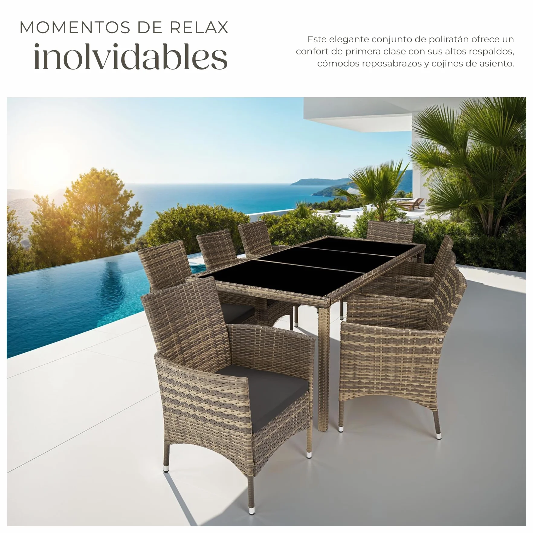 tectake® Conjunto Jardín Exterior de Ratán y Acero con Cojines, Muebles Jardín Exterior Resistentes a Intemperie, para hasta 8 Personas, Fácil Limpieza - Natural/Gris