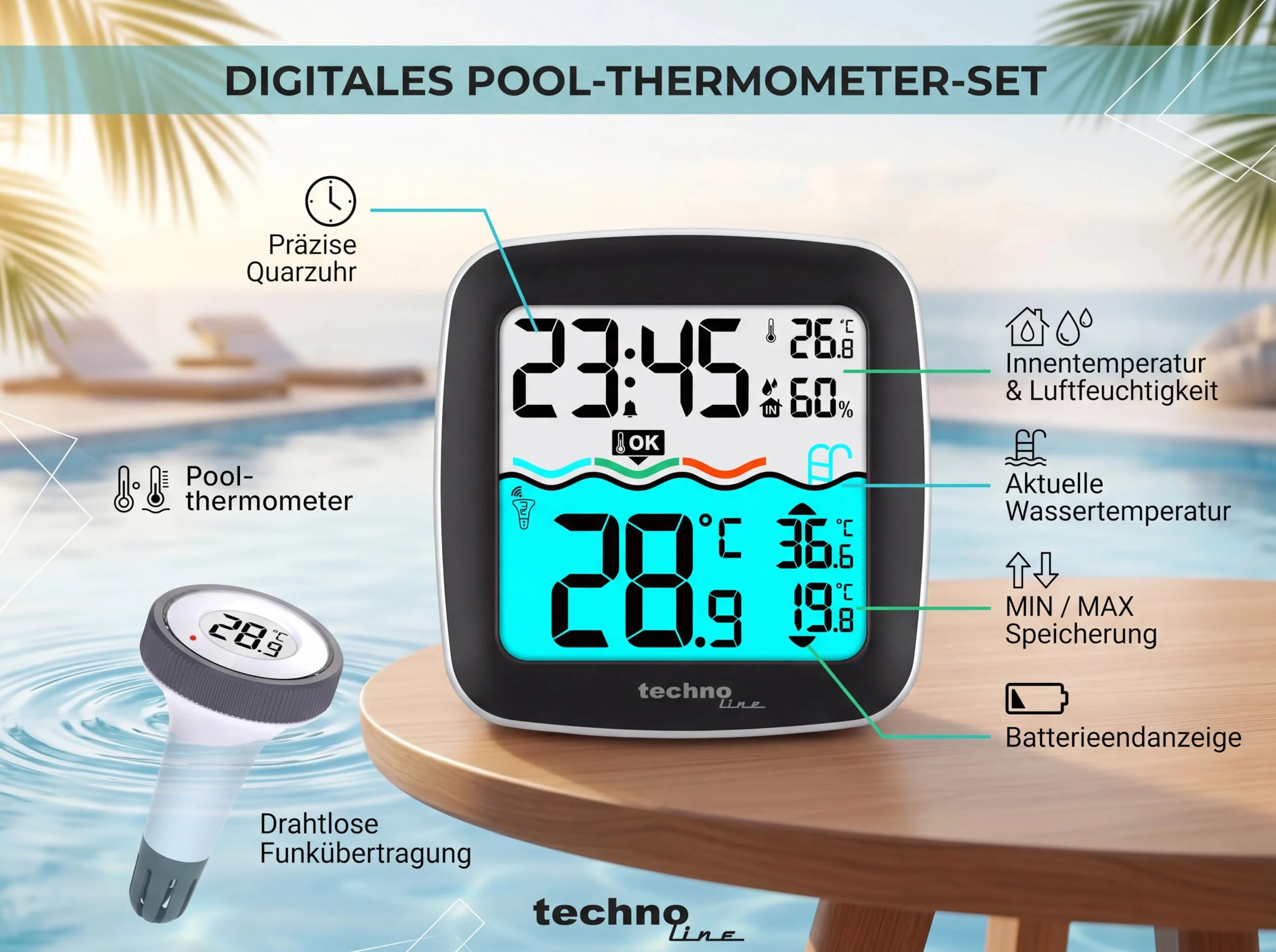 Techno Line WS9059 Termómetro inalámbrico para piscina con base digital
