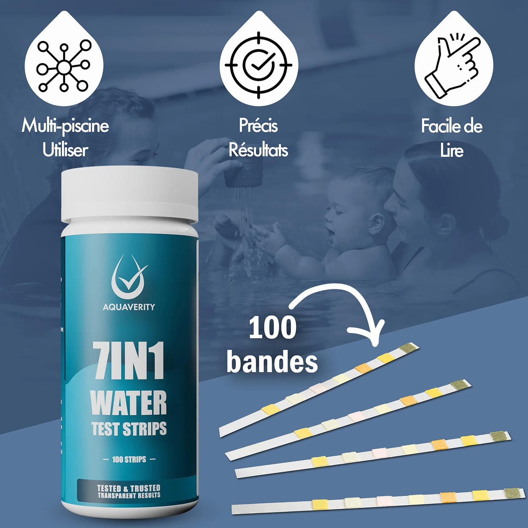 Tiras Reactivas Piscina, 100 Tiras Reactivas Para Piscina y Spa Para Alcalinidad Total, Dureza, Lloro Libre, Bromo, pH, Acido Cianurico y Cloro Total, Kit de Prueba de Agua Preciso 7 en 1