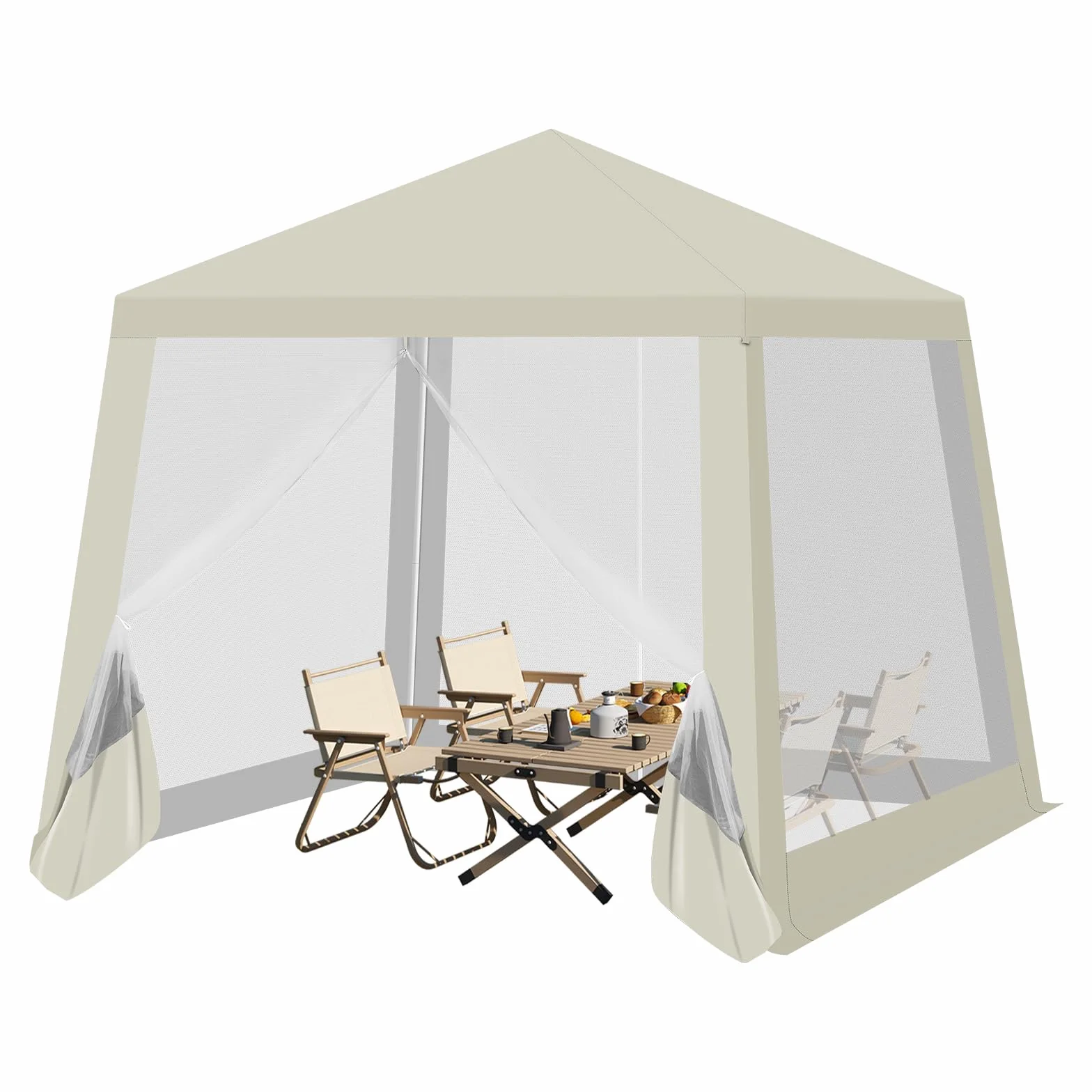 WOLTU Pérgola Plegable de Jardín con Techo y Paredes de Malla - Pabellón Cenador 3x3 m para Exteriores, Camping, Playa - Tela Oxford, Beige