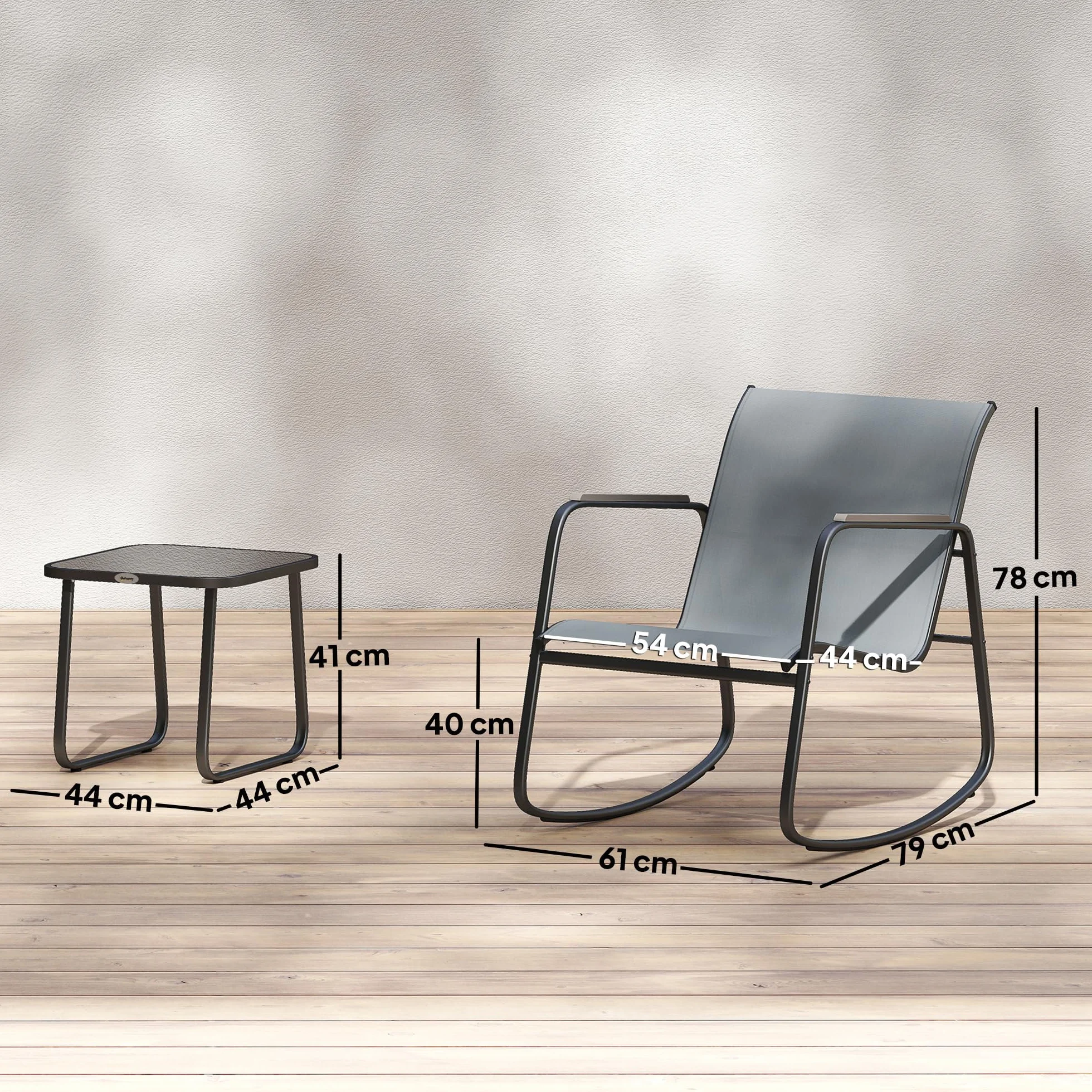 Outsunny Conjunto de Mesa y Sillas de Terraza Exterior 3 Piezas, Muebles de Jardín con 2 Sillas Mecedoras, Mesa de Vidrio y Acero, Gris