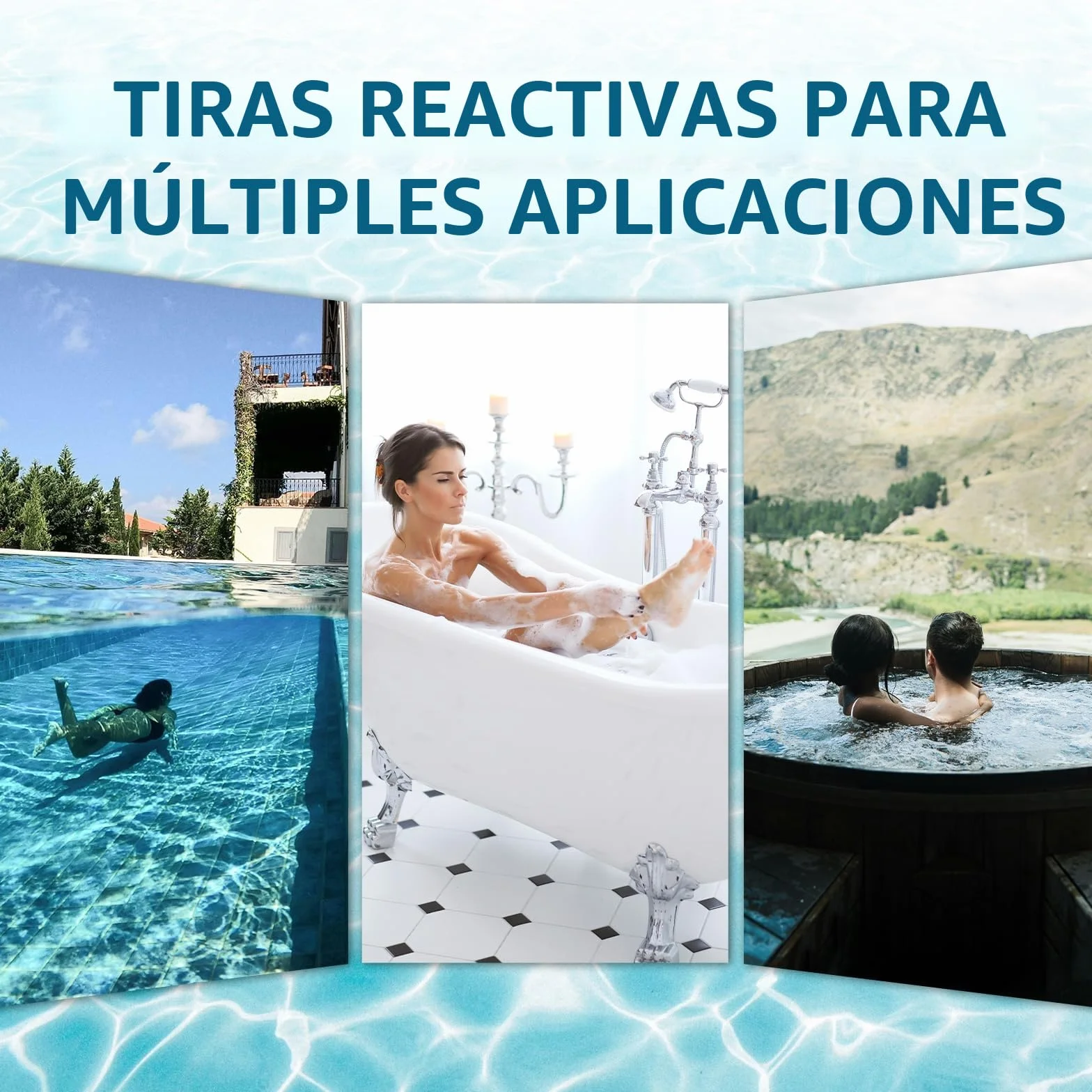 RUNBO 150 Tiras Reactivas de Prueba Piscina y Spa 7 en 1, Tiras Para Bañera de Hidromasaje pH Prueba, Alcalinidad, Dureza Total, Medidor Cloro Libre, Acido Cianurico,Cloro y Bromo