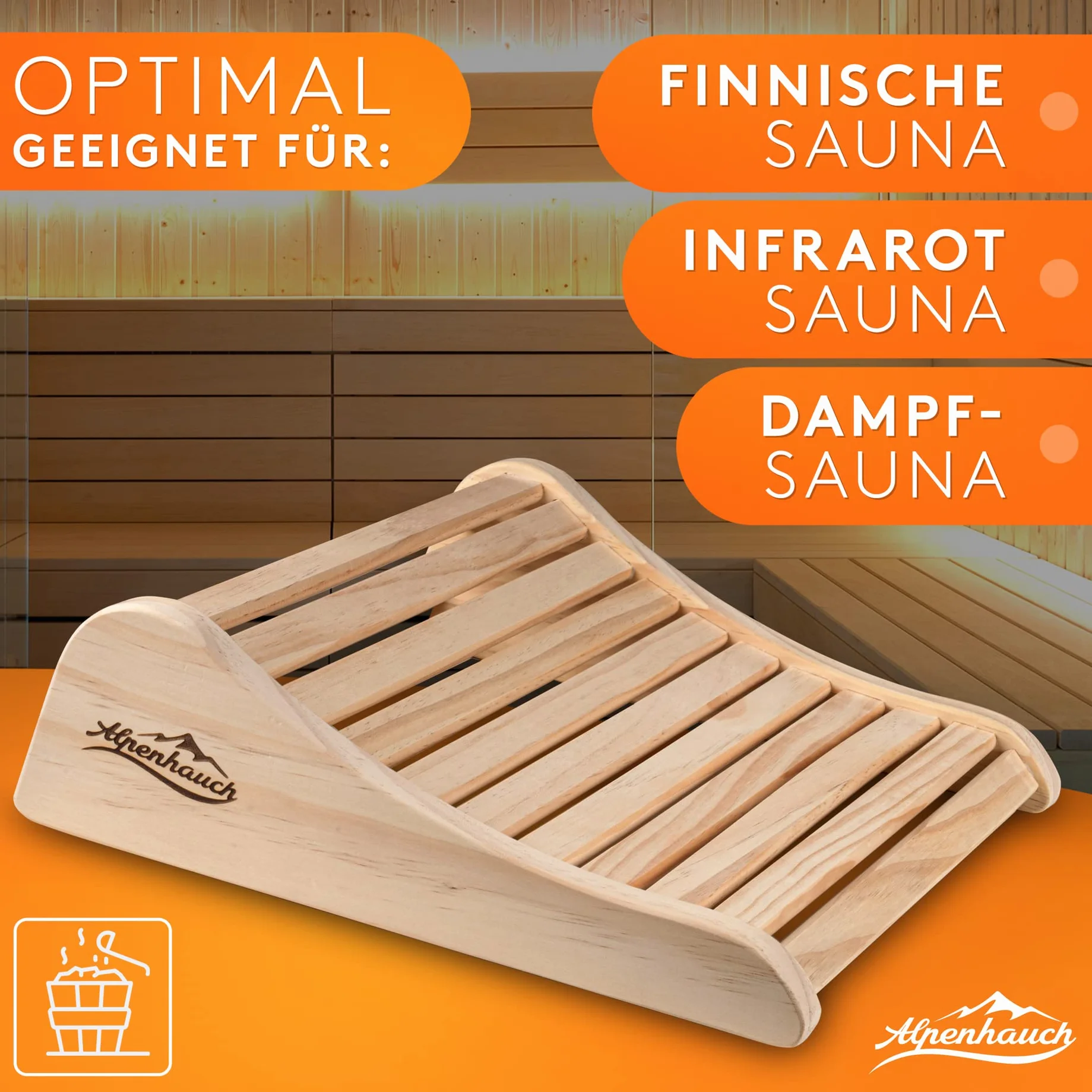ALPENHAUCH Reposacabezas de madera para sauna [100% madera natural] – Reposacabezas ergonómico para sauna de madera – Accesorios nobles para sauna cabina de infrarrojos – Cómodo y ancho reposacabezas
