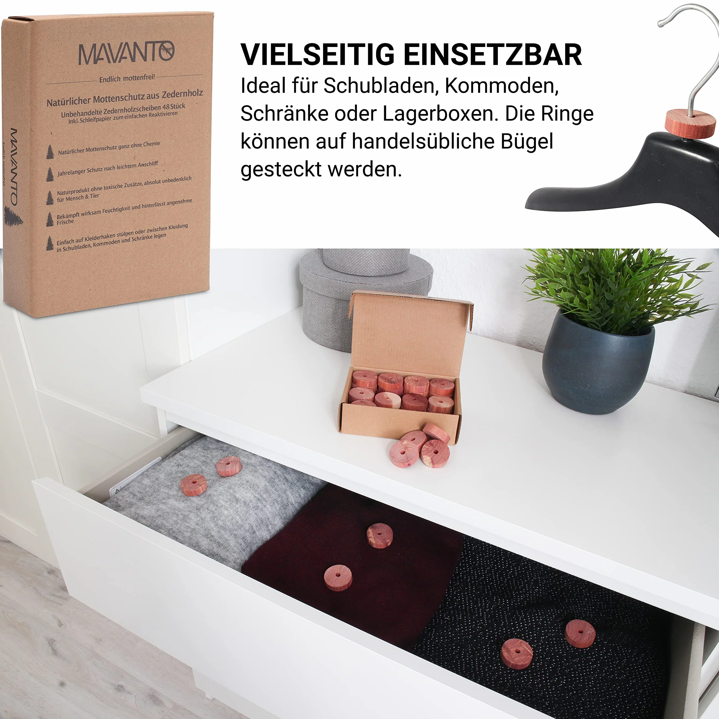 Mavanto 48x Antipolillas de Madera de Cedro para Armarios y Perchas - 100% Natural - incl. Papel de Lija GRATUITO