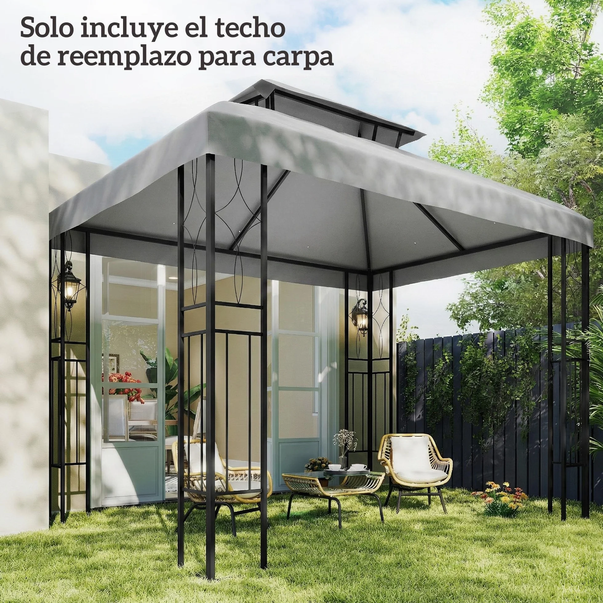 Outsunny Techo de Repuesto para Cenador, 4x3 m, Cubierta de Repuesto con Techo Doble, 10 Orificios de Drenaje y Protección UV, Solo Toldo de Recambio para Pabellón Gazebo, Gris Claro