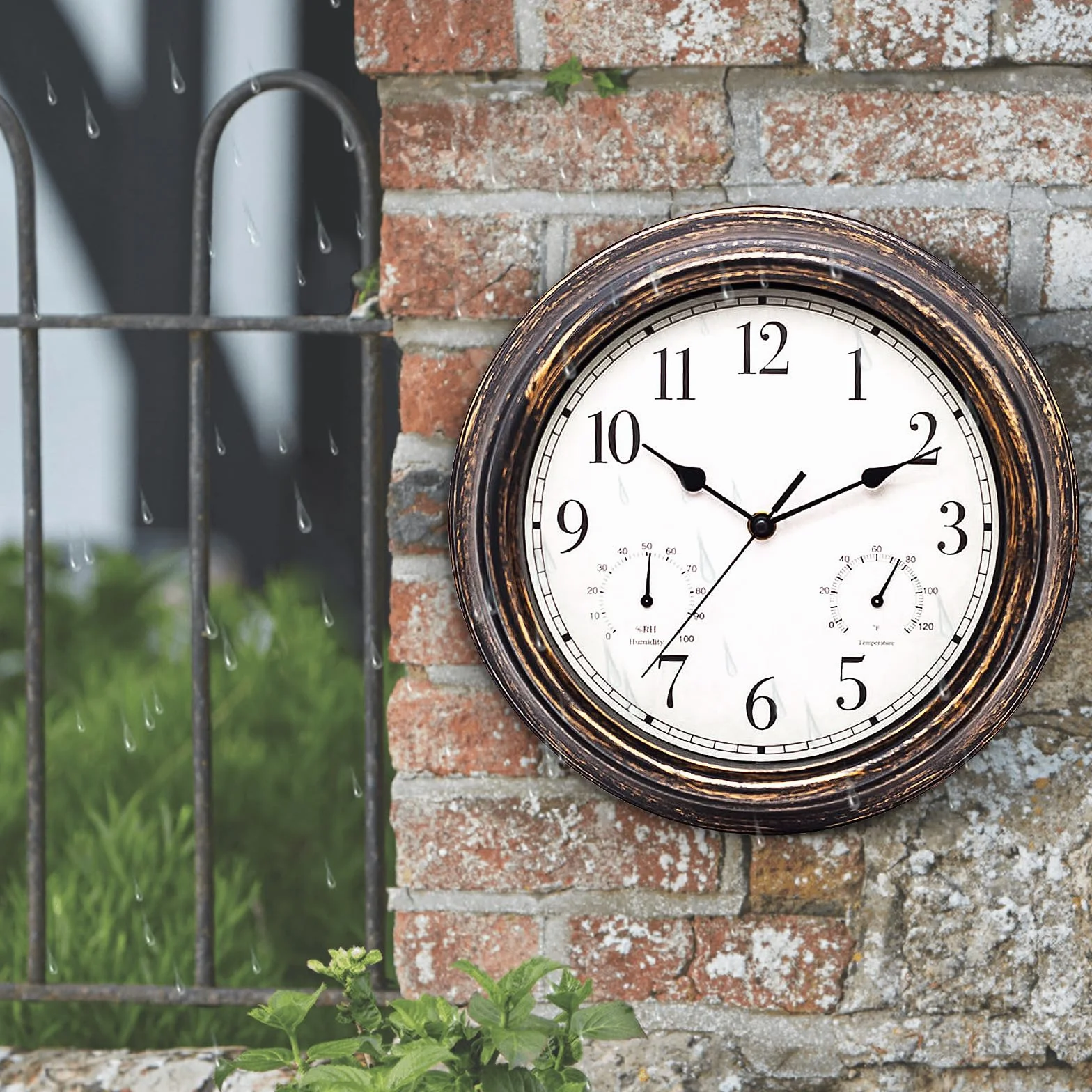 SUNOYA Reloj de jardín exterior 30 cm resistente al agua termómetro higrómetro reloj de pared retro