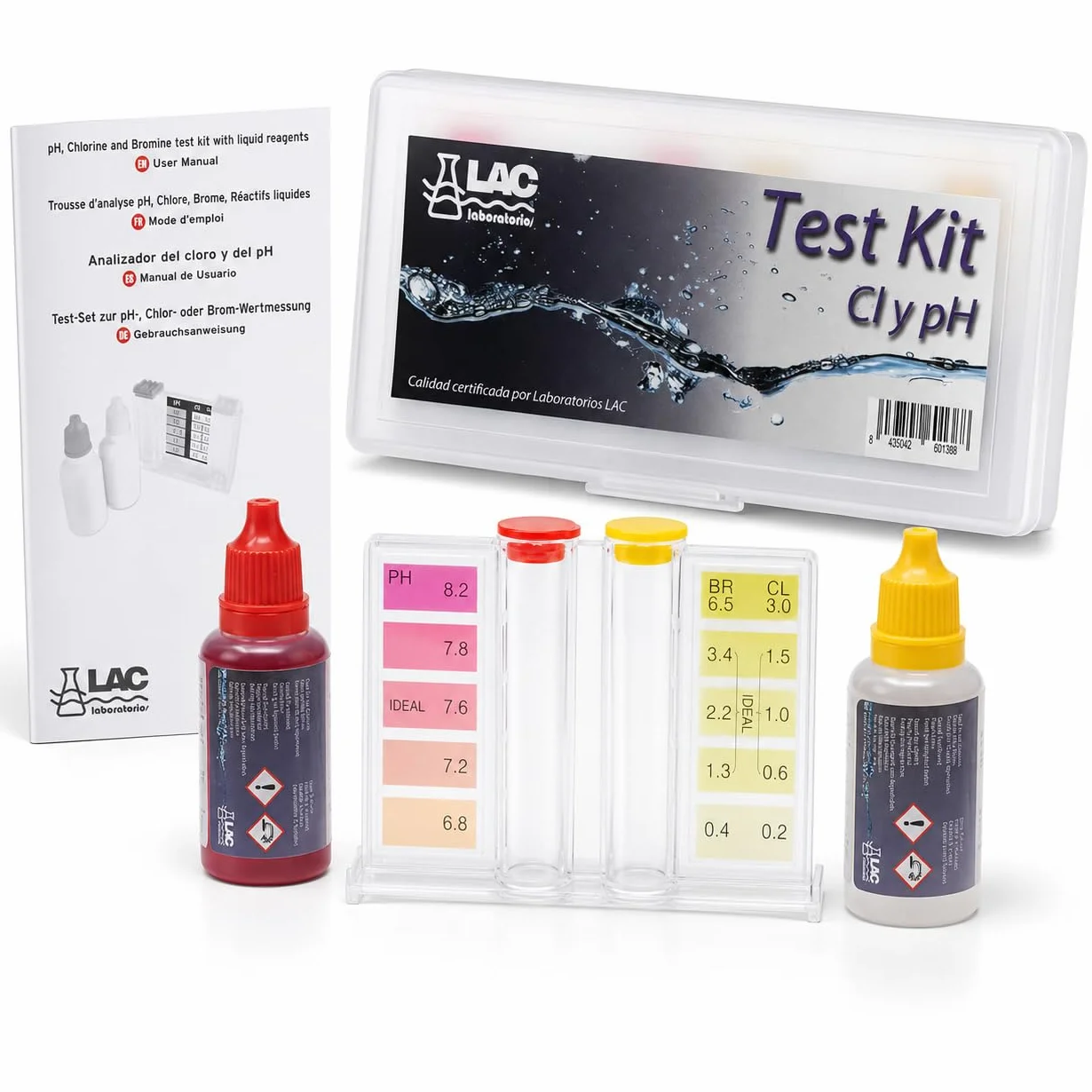 Laboratorios LAC Medidor Cloro y PH Piscinas KIT ANÁLISIS CLORO PH BROMO gotas