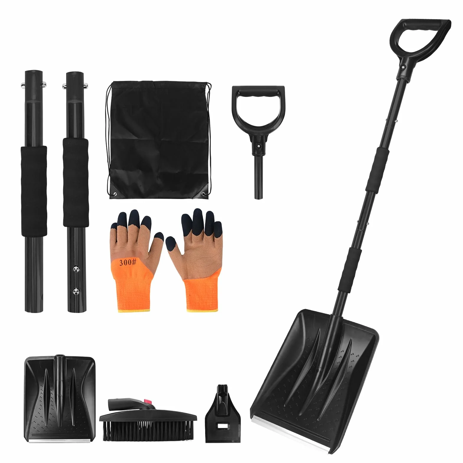 Pala de nieve 3 en 1 retráctil con raspador de hielo y cepillo, bolsa de almacenamiento y guantes (negro)